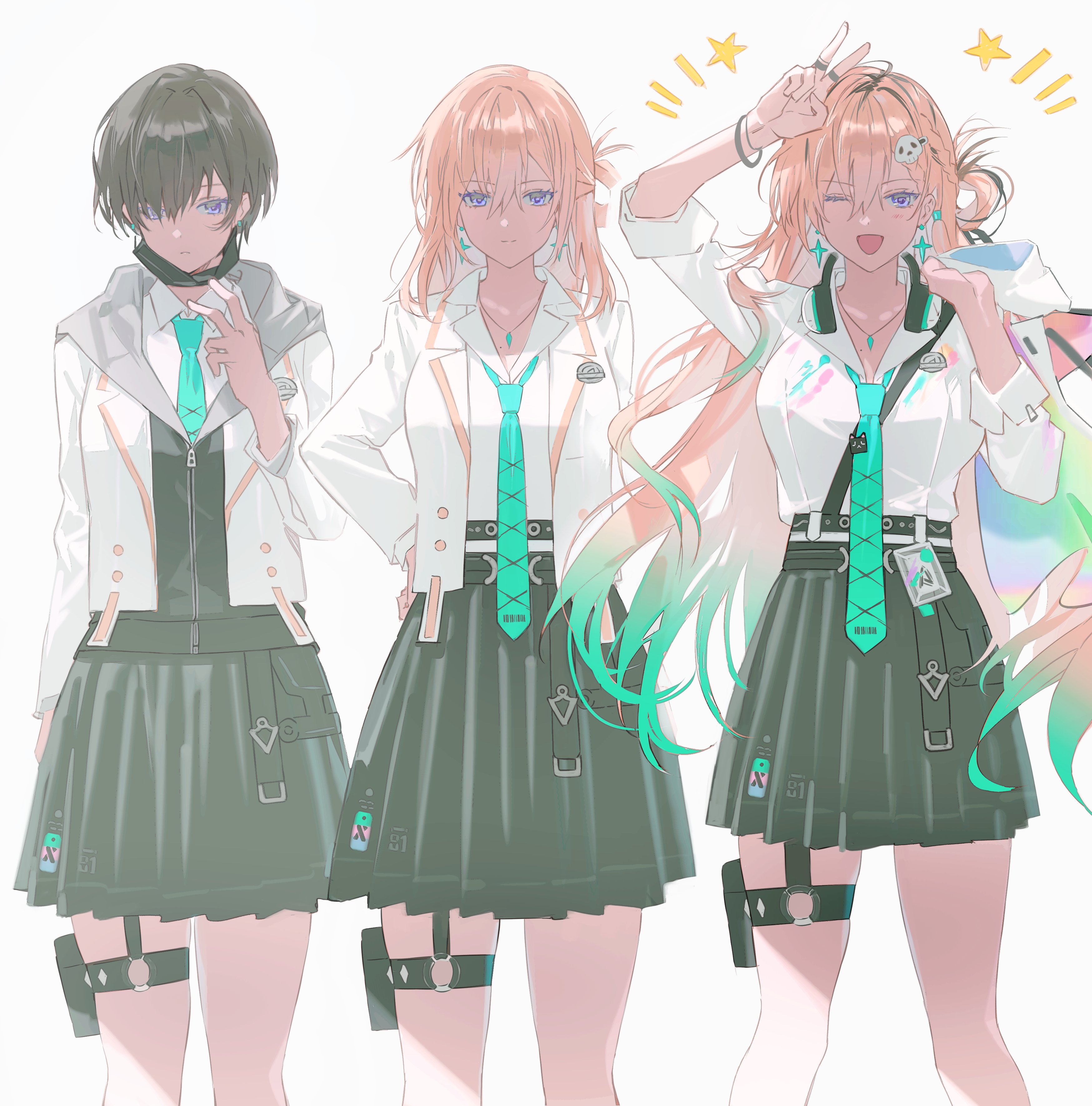 hikaku (siyrgr), lynae (wuthering waves), wuthering waves, absurdres, commentary request, highres, 1girl, aqua necktie, arm up, black hair, black skirt, blonde hair, breasts, closed mouth, earrings, gradient hair, green hair, hair ornament, hand on own hip, headphones, headphones around neck, hood, hood down, hooded jacket, id card, jacket, jewelry, lawless zone mercenary (wuthering waves), long hair, looking at viewer, mask, medium breasts, mouth mask, multicolored hair, necktie, one eye closed, open mouth, purple eyes, shirt, short hair, skirt, skull hair ornament, smile, star (symbol), star earrings, time lapse, v, white jacket, white shirt