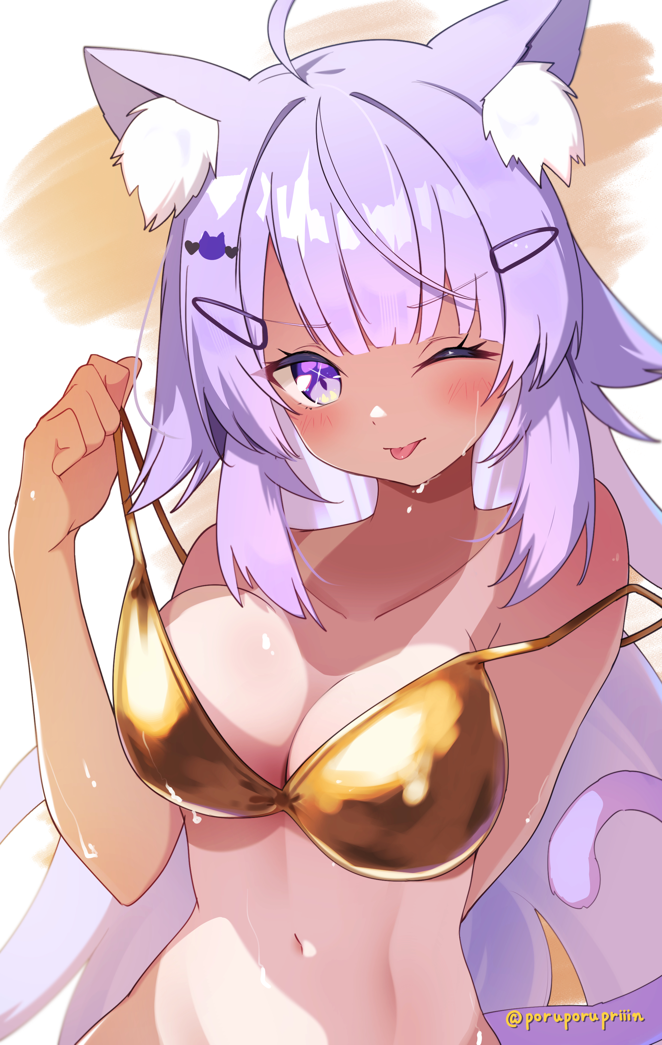 poruporupriiin, nekomata okayu, hololive, absurdres, commentary request, highres, 1girl, ;p, ahoge, animal ears, arm behind back, bikini, blunt bangs, breasts, cat ears, cat girl, cat tail, cleavage, gold bikini, hand up, large breasts, long hair, looking at viewer, navel, one eye closed, purple eyes, purple hair, solo, stomach, strap lift, strap slip, swimsuit, tail, tan, tanline, tongue, tongue out, very long hair, virtual youtuber