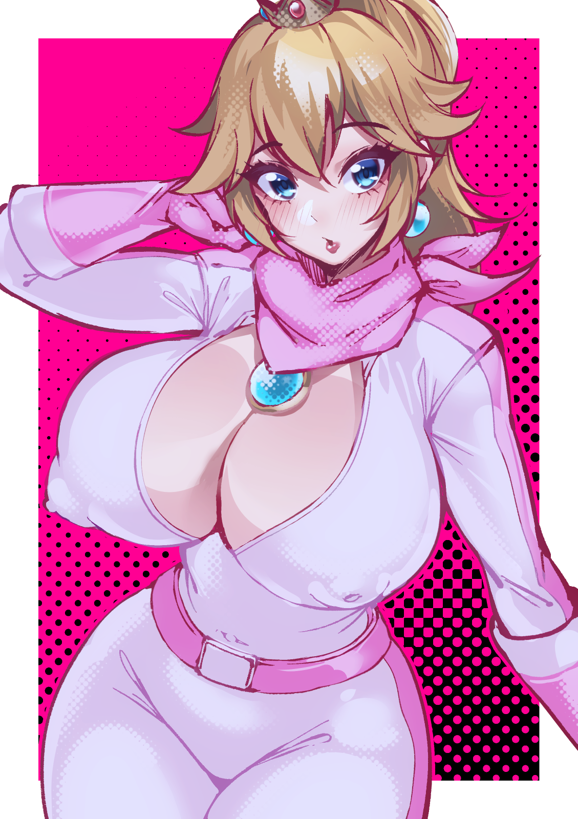volyz, princess peach, mario (series), nintendo, highres, 1girl, biker clothes, bikesuit, blonde hair, bodysuit, breasts, cleavage, earrings, impossible bodysuit, impossible clothes, inverted nipples, jewelry, large breasts, looking at viewer, pink background, pink bodysuit, pink scarf, polka dot, polka dot background, scarf, skin tight, solo