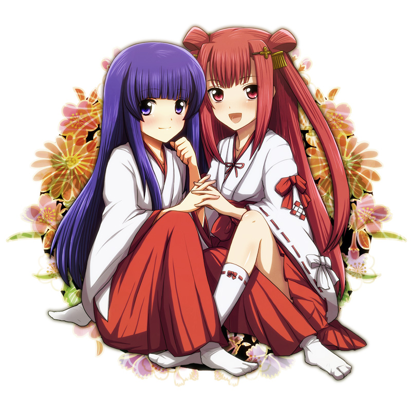 uka (color noise), furude rika, tamura yukari, umegiri ameto, beatmania iidx, bemani, higurashi no naku koro ni, bad id, bad pixiv id, 00s, 2girls, :d, blush, crossover, floral background, hakama, hakama skirt, holding hands, japanese clothes, kimono, long hair, miko, multiple girls, open mouth, purple eyes, purple hair, red eyes, red hair, red hakama, ribbon-trimmed legwear, ribbon-trimmed sleeves, ribbon-trimmed socks, ribbon trim, skirt, smile, socks, twintails, two side up, voice actor connection