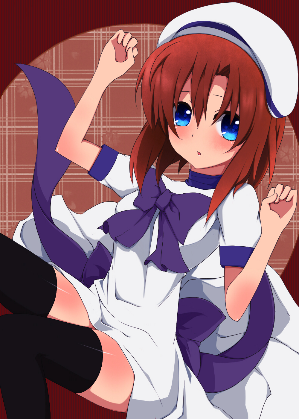 nemu (nebusokugimi), ryuuguu rena, higurashi no naku koro ni, no naku koro ni (series), highres, blue eyes, bow, brown hair, dress, hat, solo, thighhighs, zettai ryouiki