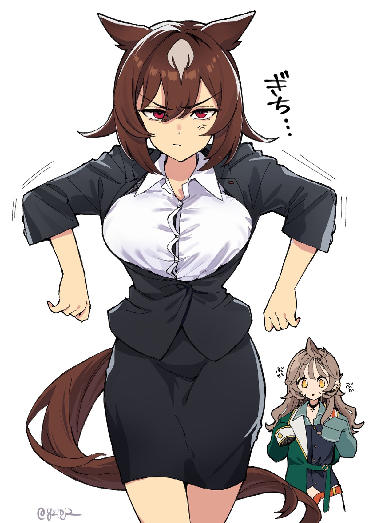 toji (y2toj2), female trainer (umamusume), sirius symboli (feroce) (umamusume), sirius symboli (umamusume), trainer (umamusume), umamusume, commentary request, highres, 2girls, anger vein, animal ears, black jacket, black skirt, breasts, brown hair, cosplay, costume switch, horse ears, horse girl, horse tail, jacket, large breasts, looking at viewer, multiple girls, red eyes, shirohashi akari (toji (y2toj2)), shirt, simple background, sirius symboli (umamusume) (cosplay), skirt, sleeves past fingers, sleeves past wrists, tail, thighs, white background, white shirt, yellow eyes