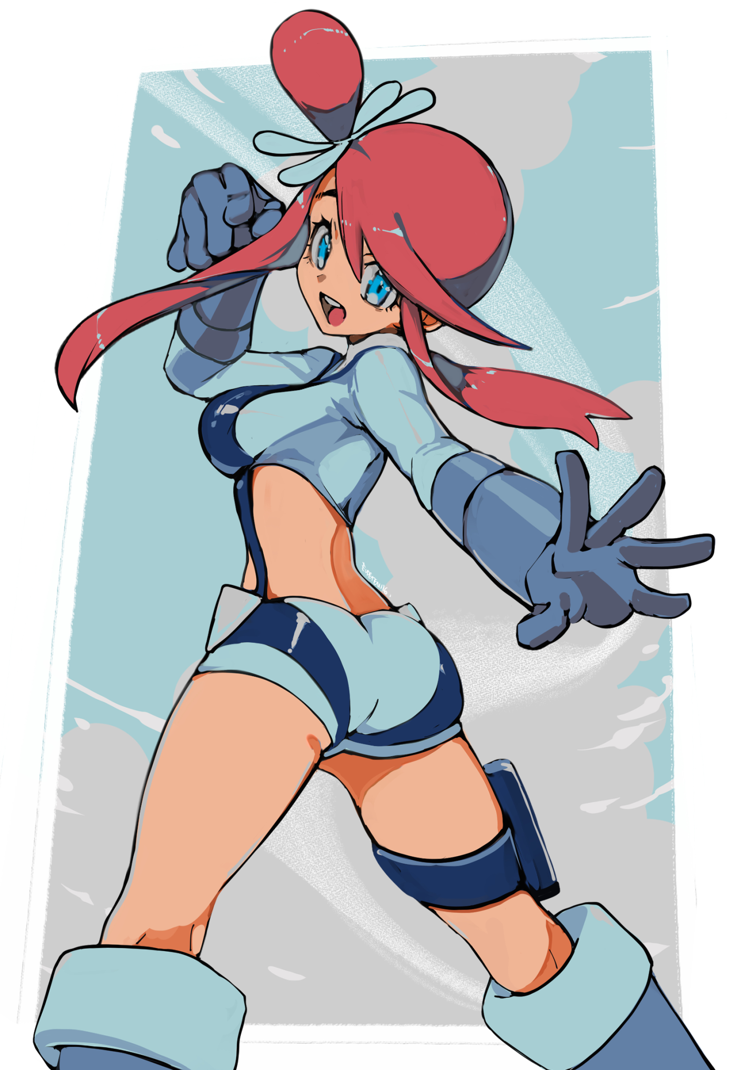 eudetenis, skyla (pokemon), nintendo, pokemon, pokemon bw, commentary, highres, 1girl, :d, blue boots, blue eyes, blue jacket, blue shorts, boots, breasts, eyelashes, gloves, hair ornament, happy, jacket, one side up, open mouth, pouch, red hair, short hair with long locks, short shorts, shorts, sidelocks, smile, solo, spread fingers, swept bangs, teeth, thigh pouch, tongue, upper teeth only
