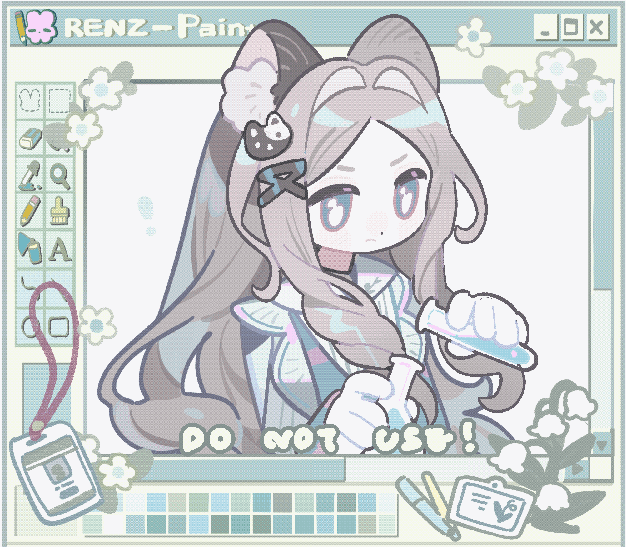 renzhi00334233, original, animated, animated gif, highres, !, > <, 1girl, animal ear fluff, animal ears, blue eyes, brown hair, experiment, flower, gloves, hair intakes, hair ornament, holding, holding test tube, id card, lily of the valley, long hair, looking at object, pen, solo, test tube, upper body, white flower, white gloves