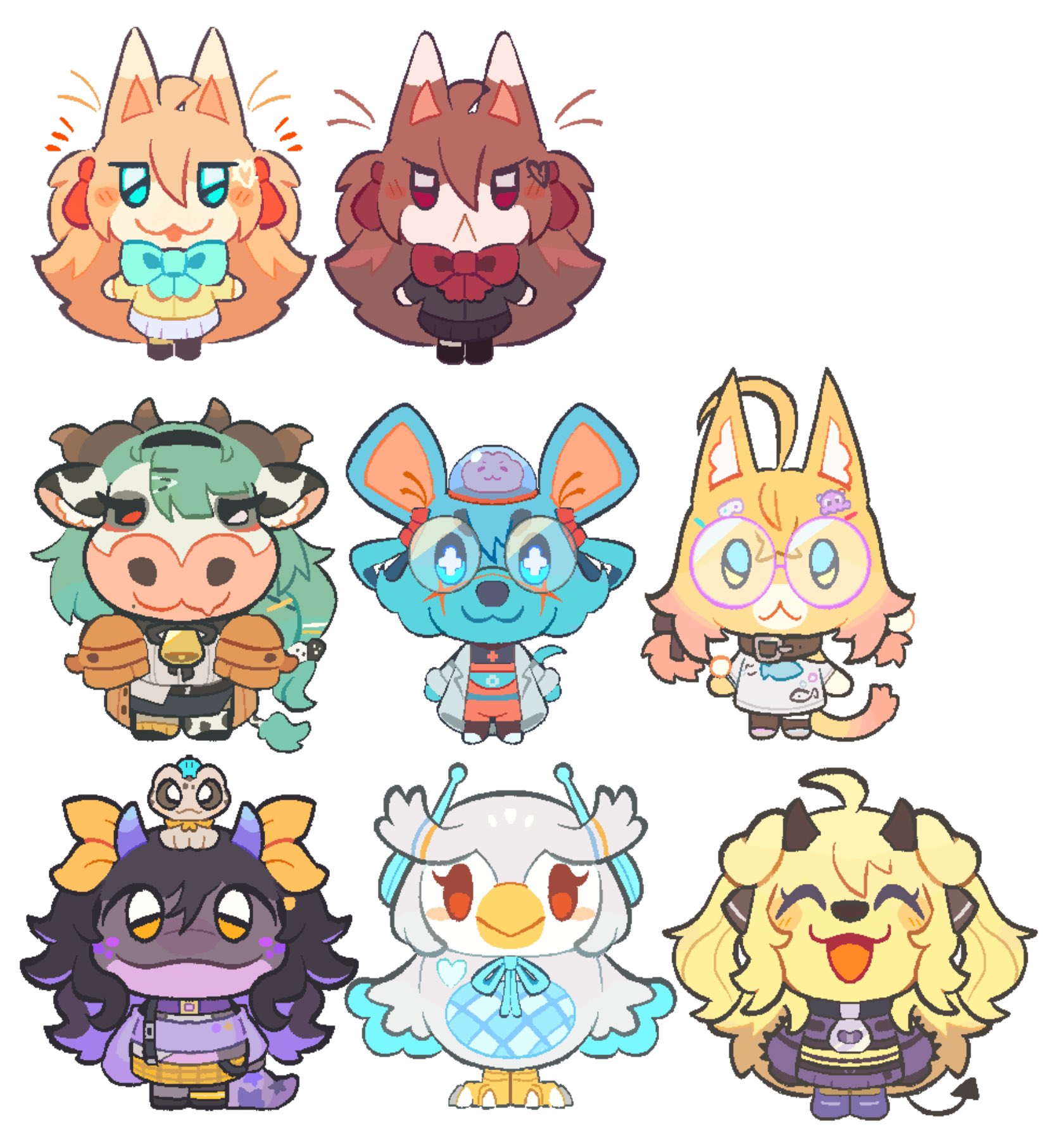cerber (vtuber), crelly, ellie minibot, evil neuro-sama, minikomew, neuro-sama, animal crossing, indie virtual youtuber, nintendo, vedal ai, highres, 6+girls, :<, :3, :d, ahchive be, ahoge, animal, animal ear fluff, animal on head, animal print, animalization, aqua bow, aqua bowtie, asymmetrical legwear, bell, belt collar, black cardigan, black collar, black hair, black hairband, black ribbon, black shirt, black skirt, black socks, blonde hair, blue eyes, blue hair, blue ribbon, blush stickers, bow, bowtie, brain, broken heart, broken heart hair ornament, brown coat, brown collar, cardigan, cat girl, chibi, chrchie, closed eyes, closed mouth, coat, collar, cow girl, cow print, cow print thighhighs, cowbell, cropped shirt, cross-shaped pupils, demon horns, demon tail, dice hair ornament, dog girl, exposed brain, facial scar, glasses, green hair, grey skirt, hair between eyes, hair ornament, hair ribbon, hair rings, hairband, hairpin, heart, heart hair ornament, heterochromia, horns, jitome, jumpsuit, lab coat, long hair, long sleeves, looking at viewer, low-tied long hair, low twintails, mouse girl, multicolored hair, multiple girls, neck bell, neck ribbon, off-shoulder shirt, off shoulder, on head, open mouth, orange eyes, orange jumpsuit, orange socks, owl girl, plaid clothes, plaid skirt, print thighhighs, purple hair, purple shirt, red bow, red bowtie, red eyes, red ribbon, ribbon, round eyewear, salamander girl, scar, scar on cheek, scar on face, shirt, shirt partially tucked in, shoomimi, simple background, skirt, sleeves past fingers, sleeves past wrists, smile, socks, streaked hair, suspender skirt, suspenders, symbol-shaped pupils, t-shirt, tail, thighhighs, trench coat, twintails, two side up, uneven legwear, very long hair, white background, white eyes, white hair, white shirt, yellow cardigan, yellow ribbon, yellow skirt