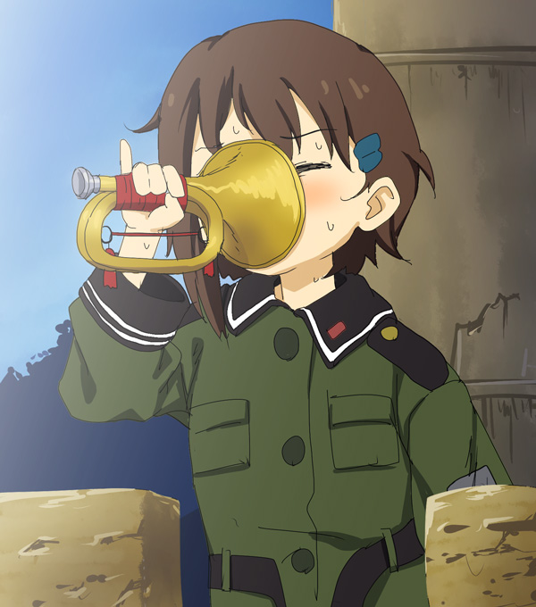 broiler, sorami kanata, sora no woto, bad id, bad pixiv id, 1girl, blush, brown hair, bugle, day, failure, female focus, hair ornament, hairclip, instrument, jacket, military, military jacket, military uniform, outdoors, pinky out, short hair, sidelocks, solo, sweat, you're doing it wrong