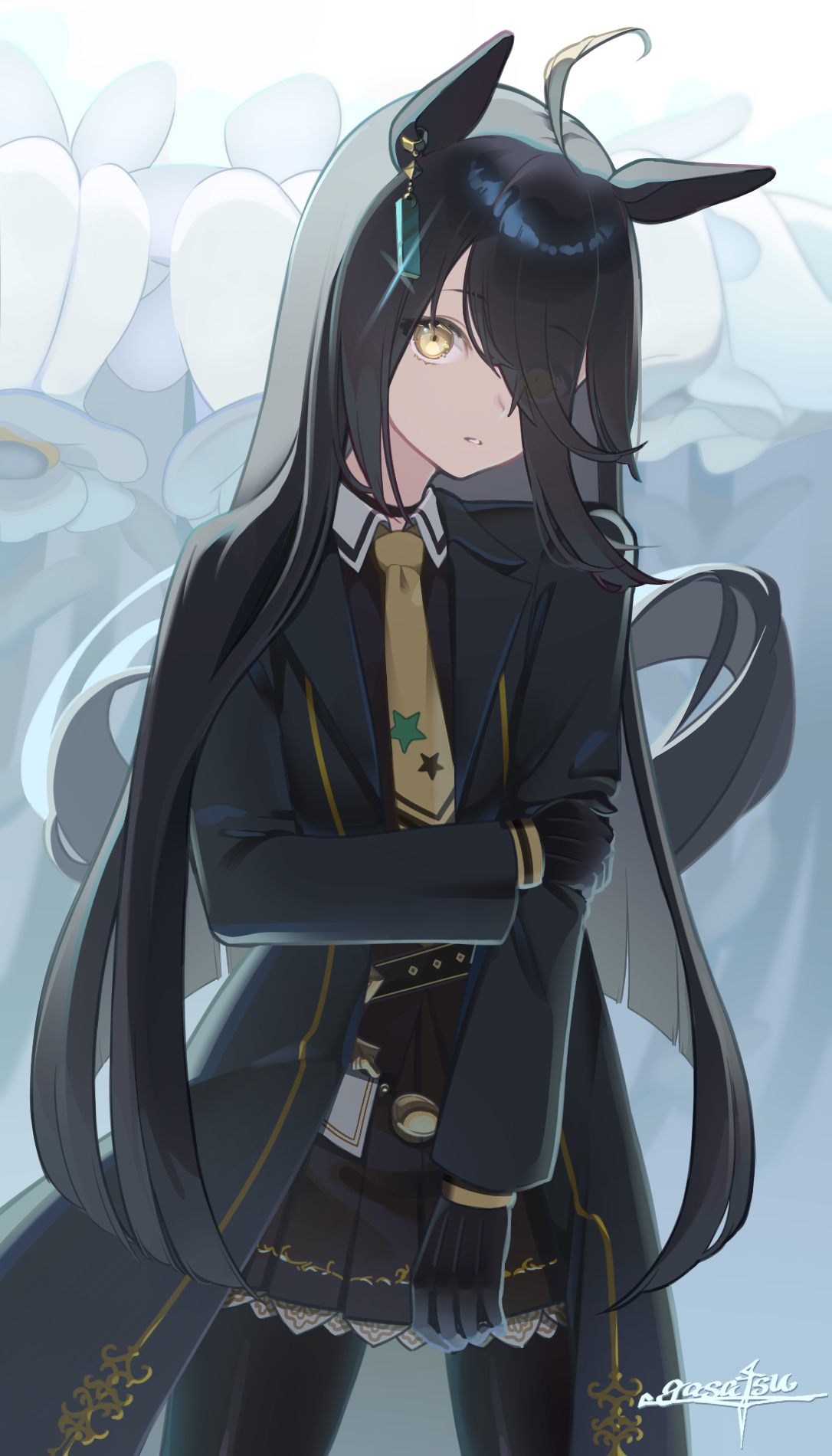 gasatsuneo, manhattan cafe (creeping shadow) (umamusume), manhattan cafe (umamusume), umamusume, highres, 1girl, ahoge, animal ears, black choker, black coat, black gloves, black hair, black pantyhose, black shirt, black skirt, choker, coat, collared shirt, ear tag, earrings, gloves, hair between eyes, horse ears, horse girl, horse tail, jewelry, long bangs, long hair, long hair between eyes, long sleeves, looking at viewer, multicolored hair, necktie, pantyhose, parted lips, shirt, single earring, skirt, solo, tail, very long hair, white hair, yellow eyes, yellow necktie