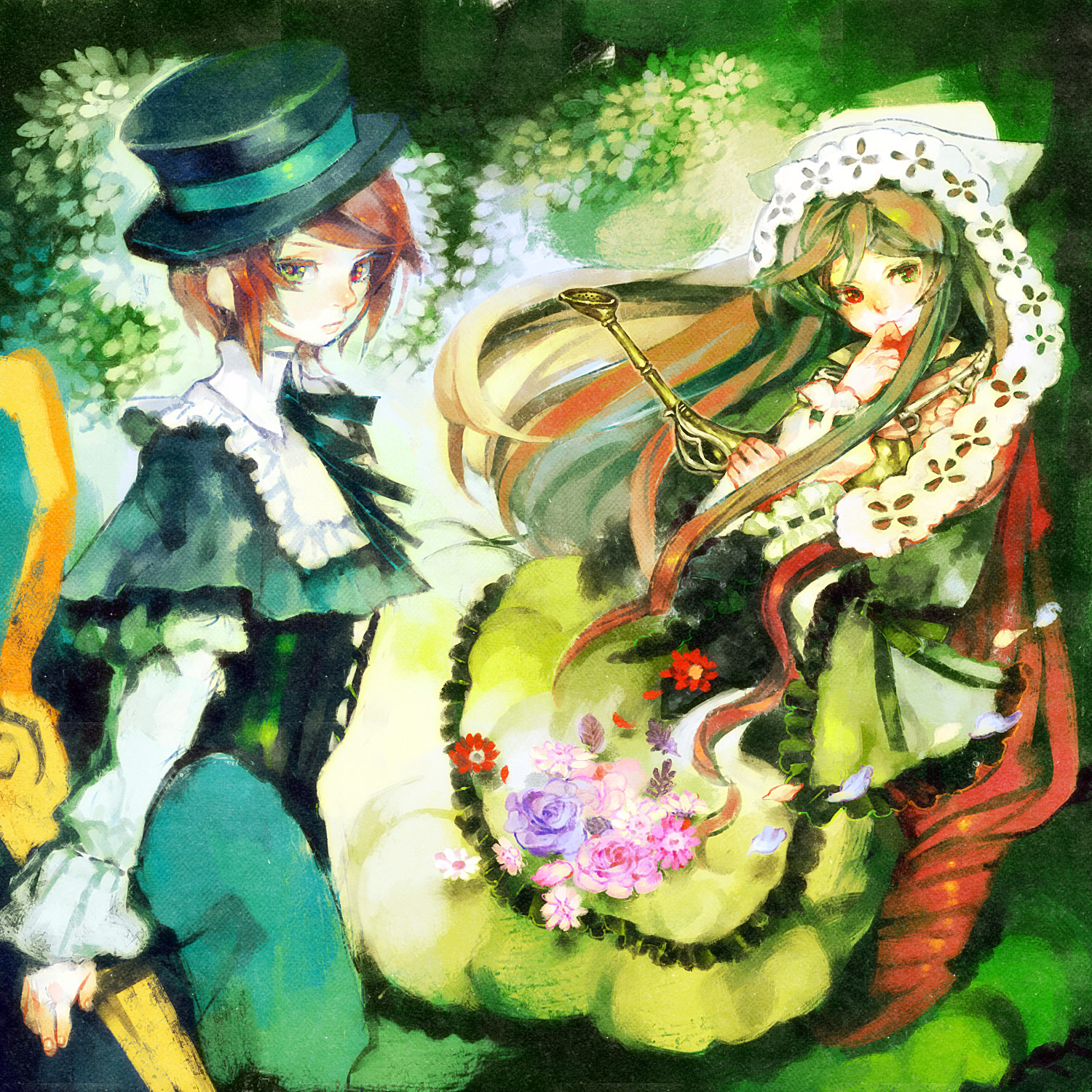 out (sxd), souseiseki, suiseiseki, rozen maiden, bad id, bad pixiv id, highres, 00s, 2girls, brown hair, dress, flower, hairband, hat, headscarf, heterochromia, long hair, multiple girls, scissors, short hair, siblings, sisters, twins, watering can, white headscarf