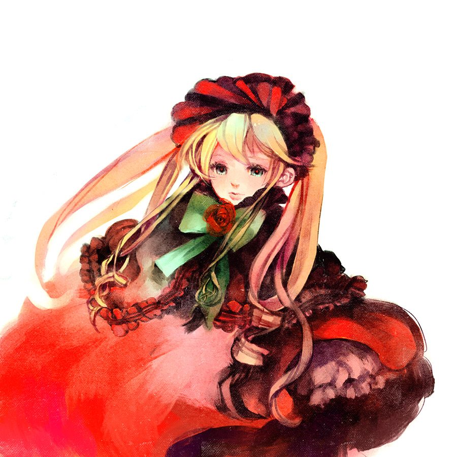 out (sxd), shinku, rozen maiden, bad id, bad pixiv id, 00s, blonde hair, blue eyes, bonnet, bow, dress, drill hair, flower, long hair, rose, solo, twintails
