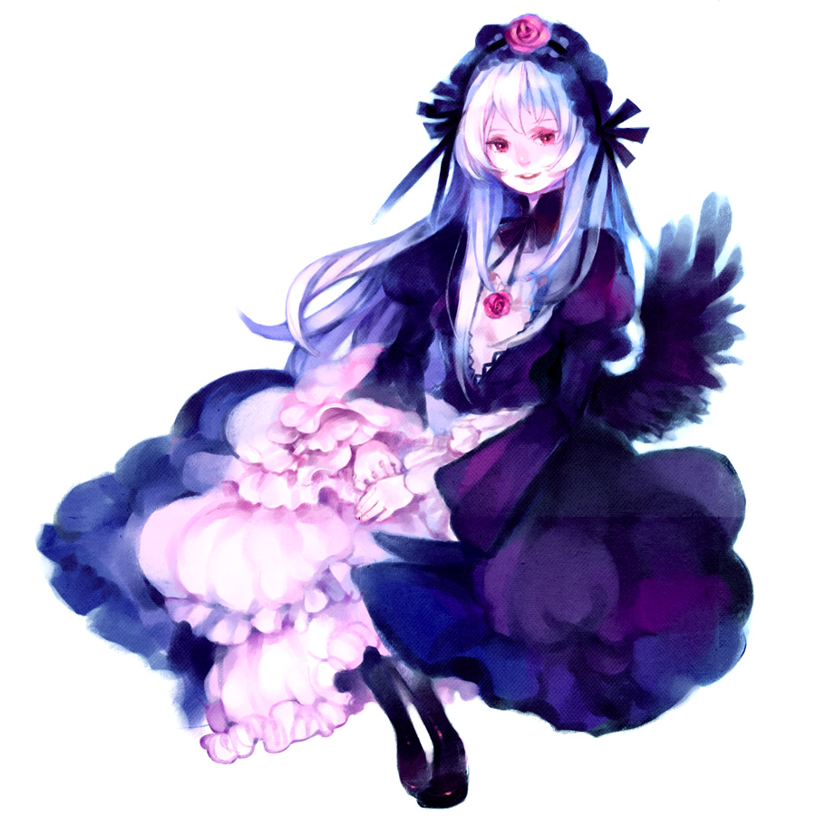 out (sxd), suigintou, rozen maiden, bad id, bad pixiv id, 00s, boots, dress, frills, hairband, long hair, red eyes, solo, white hair, wings