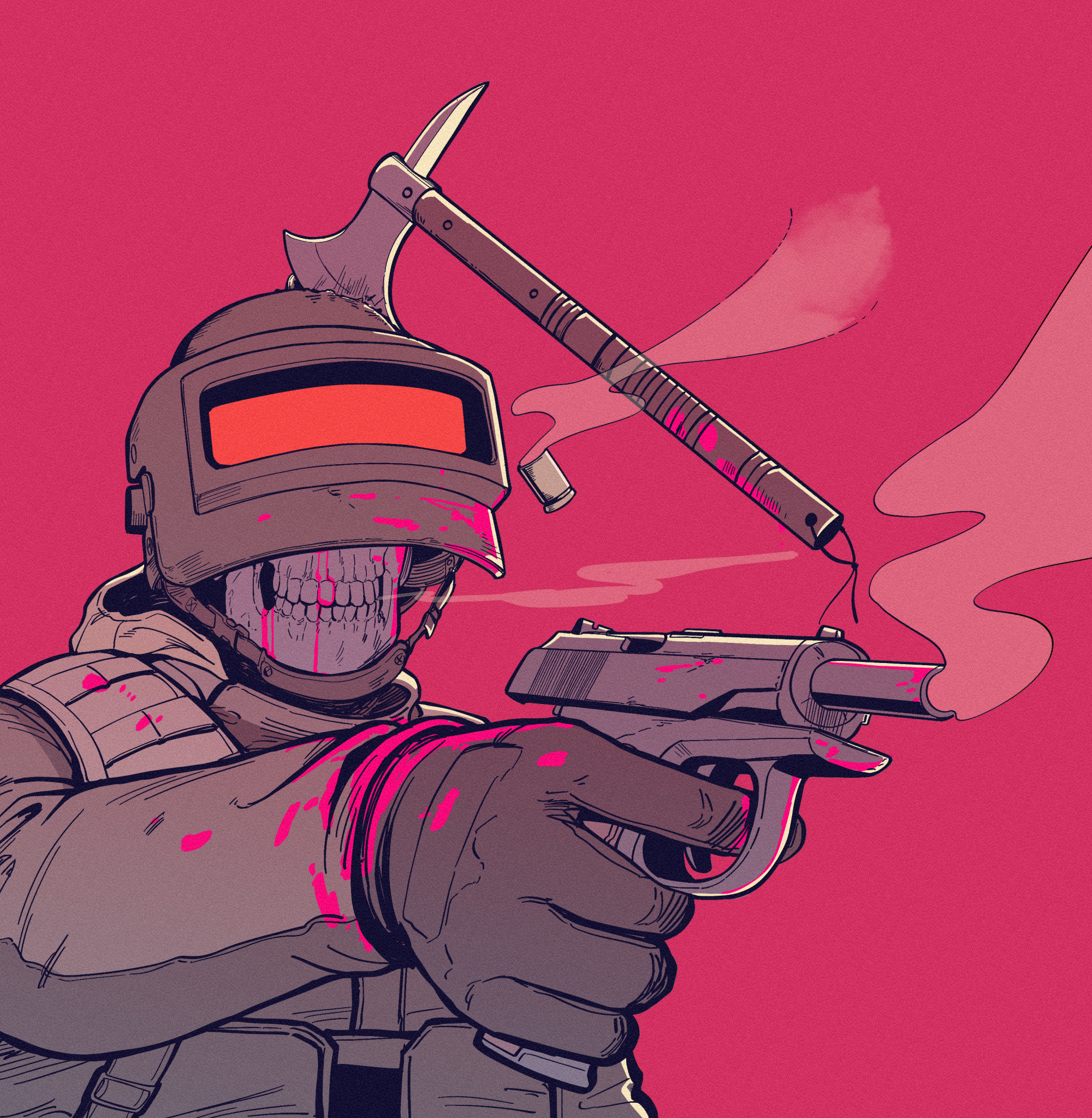 parabellum, original, commentary, english commentary, highres, 1other, altyn helmet, axe, blood, blood on clothes, blood on face, bloody weapon, combat helmet, finger on trigger, gloves, gun, handgun, hatchet (axe), helmet, hood, hooded jacket, jacket, load bearing vest, makarov pm, military, pink blood, shell casing, skull, smoke, smoke trail, upper body, visor (armor), weapon