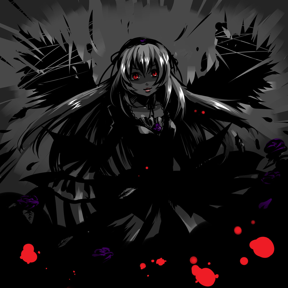caffein, suigintou, rozen maiden, silver hair, 00s, dress, hairband, long hair, red eyes, solo, spot color, wings