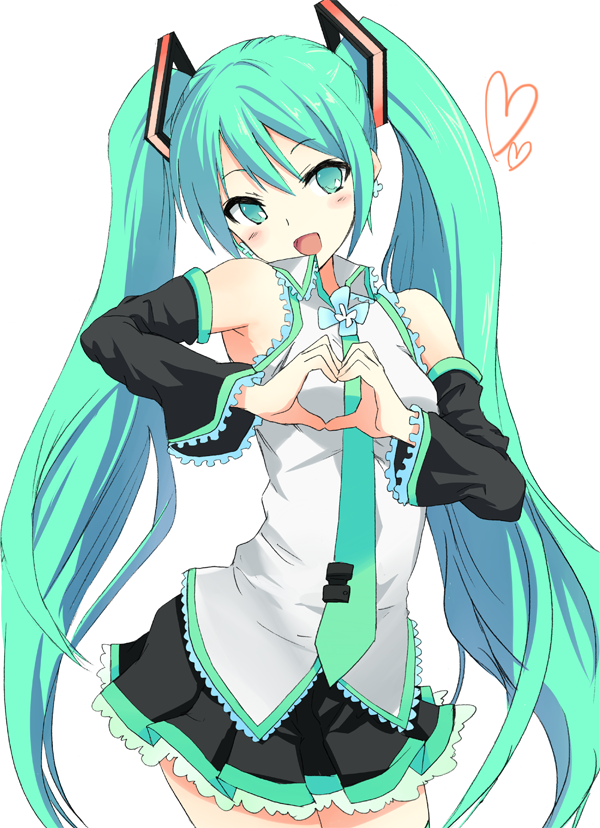 hyakuen raitaa, hatsune miku, shugo chara!, vocaloid, 1girl, aqua eyes, aqua hair, armpits, blush, detached sleeves, female focus, heart, heart hands, long hair, necktie, parody, simple background, skirt, smile, solo, twintails, very long hair, white background