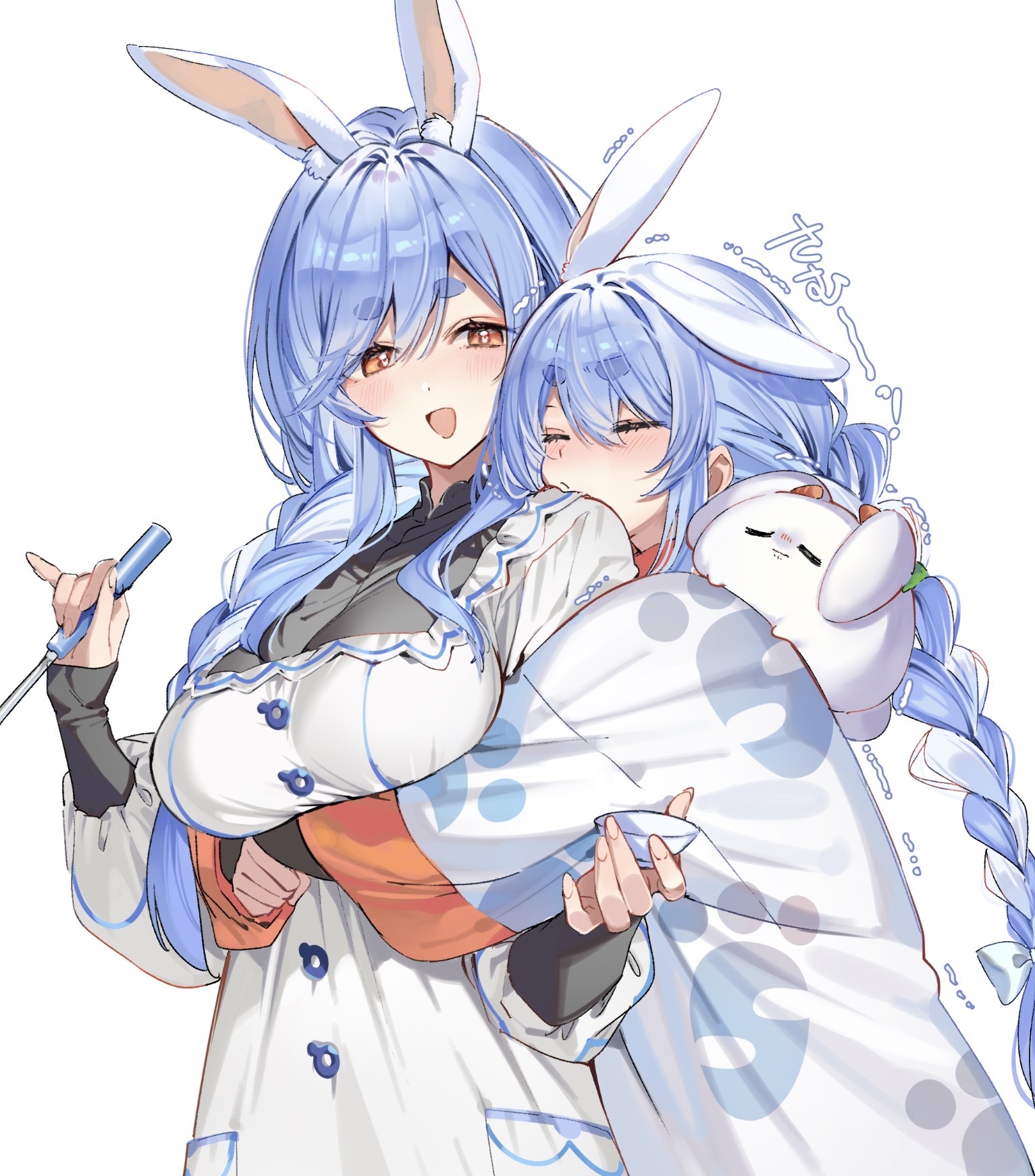 shuri (84k), pekomama, pekomon (usada pekora), usada pekora, hololive, commentary request, highres, 2girls, animal ears, blue hair, braid, breasts, closed eyes, dress, holding, holding ladle, hug, hug from behind, ladle, large breasts, long hair, mother and daughter, multiple girls, open mouth, orange eyes, rabbit ears, rabbit girl, simple background, smile, sound effects, upper body, virtual youtuber, white background, white dress