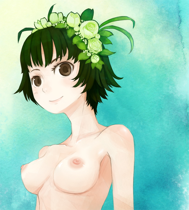 haruno, haruno sora, uiharu kazari, toaru kagaku no railgun, toaru majutsu no index, bad id, bad pixiv id, 1girl, breasts, brown eyes, completely nude, female focus, flower, green hair, head wreath, nipples, nude, short hair, solo