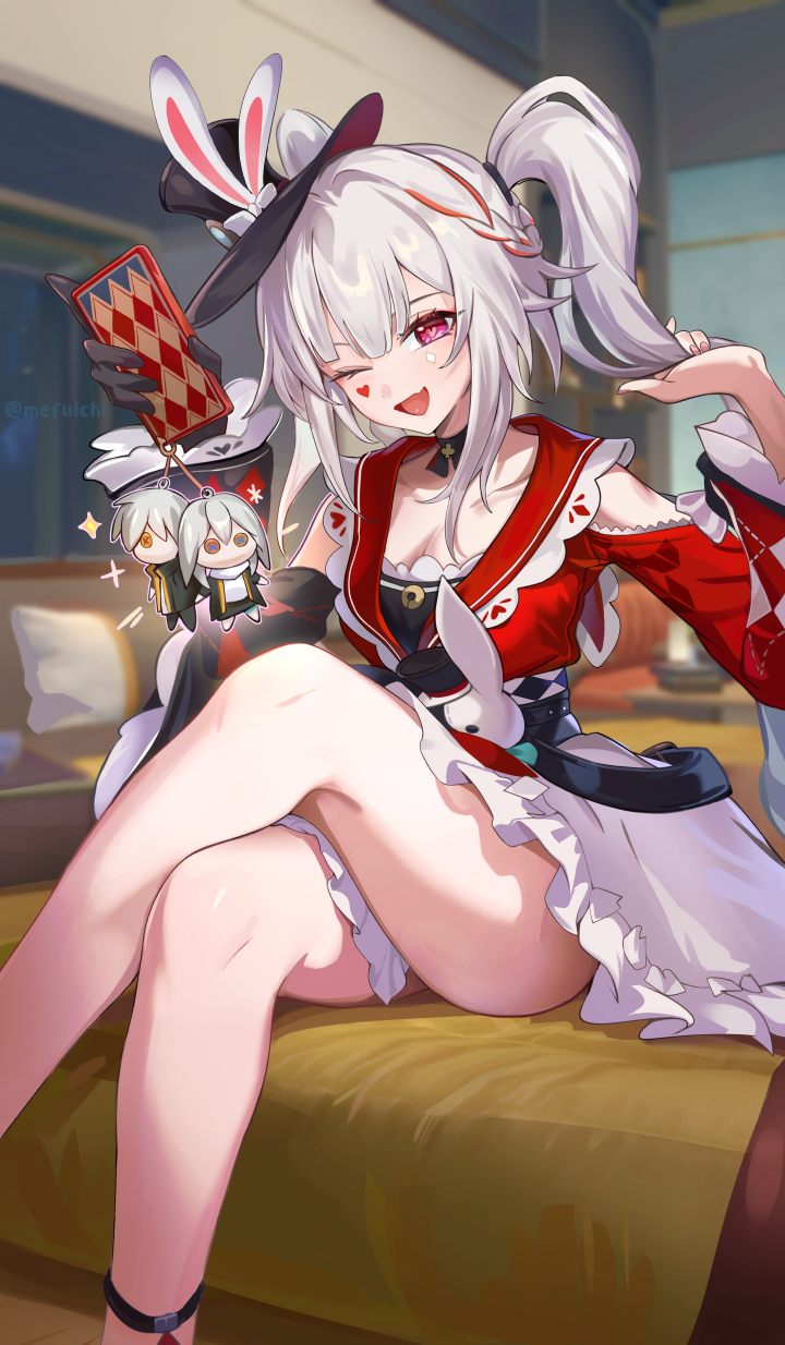 caelus (honkai: star rail), sparkle (honkai: star rail), sparxie (honkai: star rail), stelle (honkai: star rail), trailblazer (honkai: star rail), honkai: star rail, honkai (series), commentary request, highres, 1girl, black gloves, breasts, cleavage, crossed legs, dress, feet out of frame, gloves, grey hair, hat, heart, heart-shaped pupils, holding, indoors, long hair, long sleeves, looking at viewer, medium breasts, mefuichi, mini hat, mini top hat, one eye closed, open mouth, pink eyes, red dress, single glove, smile, solo, symbol-shaped pupils, tilted headwear, top hat, twintails
