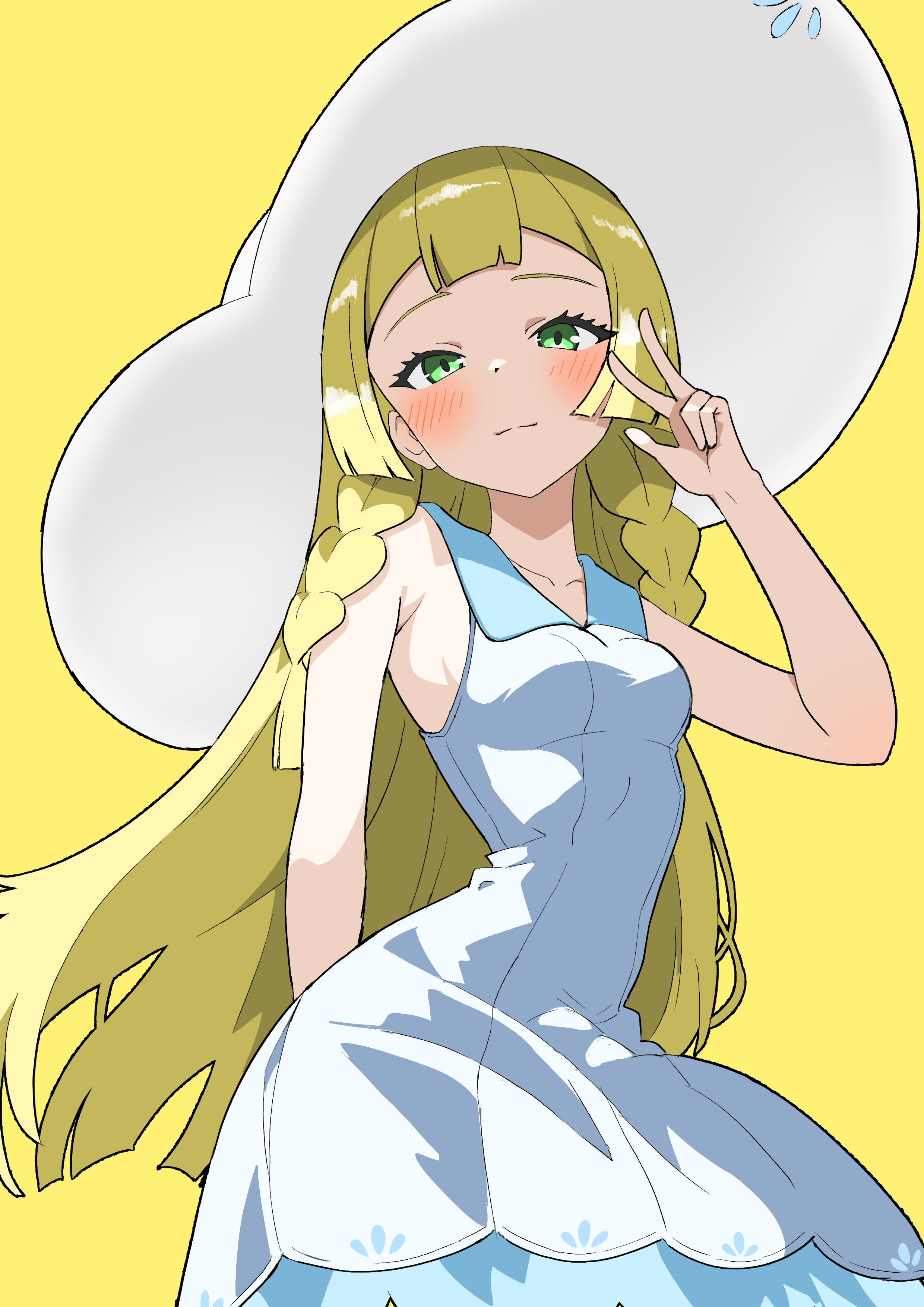 matsuokalive10, lillie (pokemon), nintendo, pokemon, pokemon sm, absurdres, commentary request, highres, 1girl, blonde hair, blush, braid, closed mouth, collared dress, dress, eyelashes, green eyes, hand up, hat, long hair, looking at viewer, simple background, sleeveless, sleeveless dress, solo, sun hat, w, white dress, white hat, yellow background