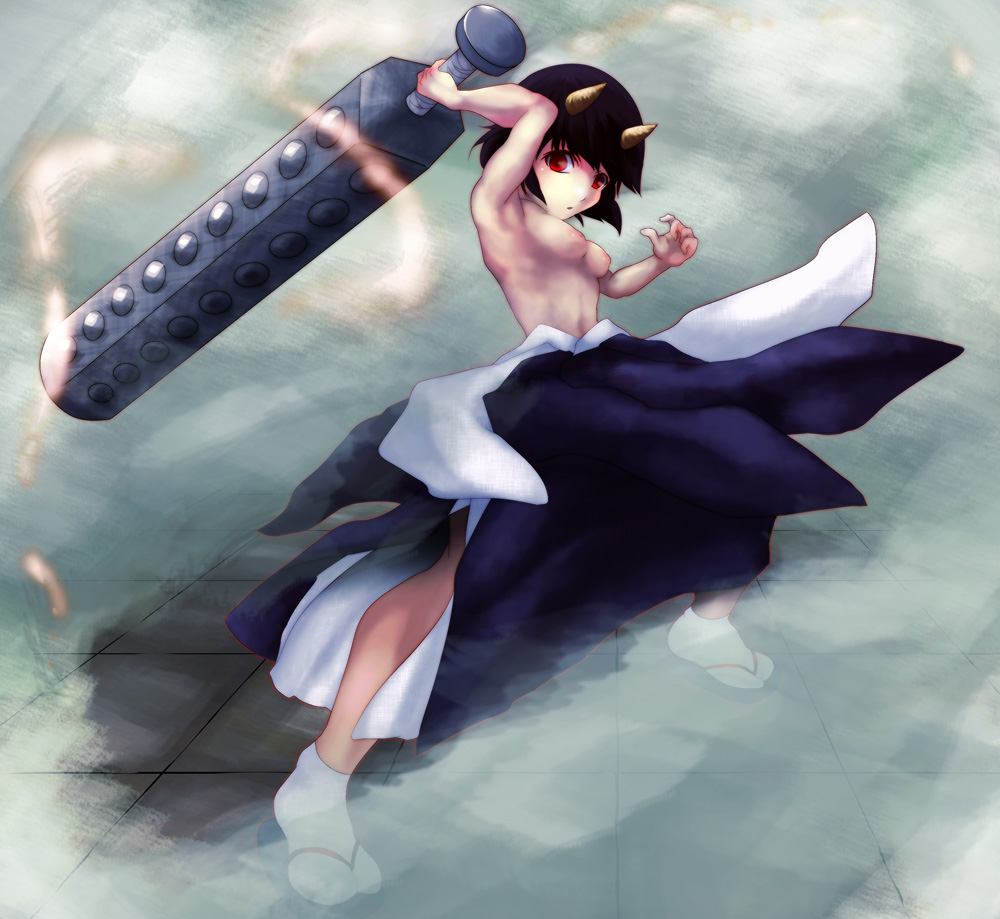 drias, gedomaru, gintama, 1boy, armpits, black hair, breasts, club, club (weapon), hakama, hakama skirt, horns, japanese clothes, kanabou, male focus, nipples, oni, quality, sandals, short hair, skirt, solo, tabi, topless female, topless male, weapon
