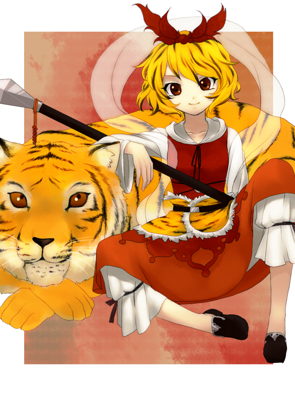 shimo (seamoss), toramaru shou, touhou, bad id, bad pixiv id, 1girl, blonde hair, female focus, hair ornament, polearm, shawl, shoes, short hair, sitting, solo, spear, tiger, weapon