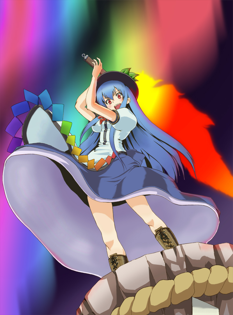 baiken (artist), moss (sphere211), hinanawi tenshi, touhou, bad id, bad pixiv id, 1girl, blue hair, boots, female focus, food, from below, fruit, hat, kaname-ishi, long hair, peach, red eyes, rope, shimenawa, solo, sword, sword of hisou, weapon