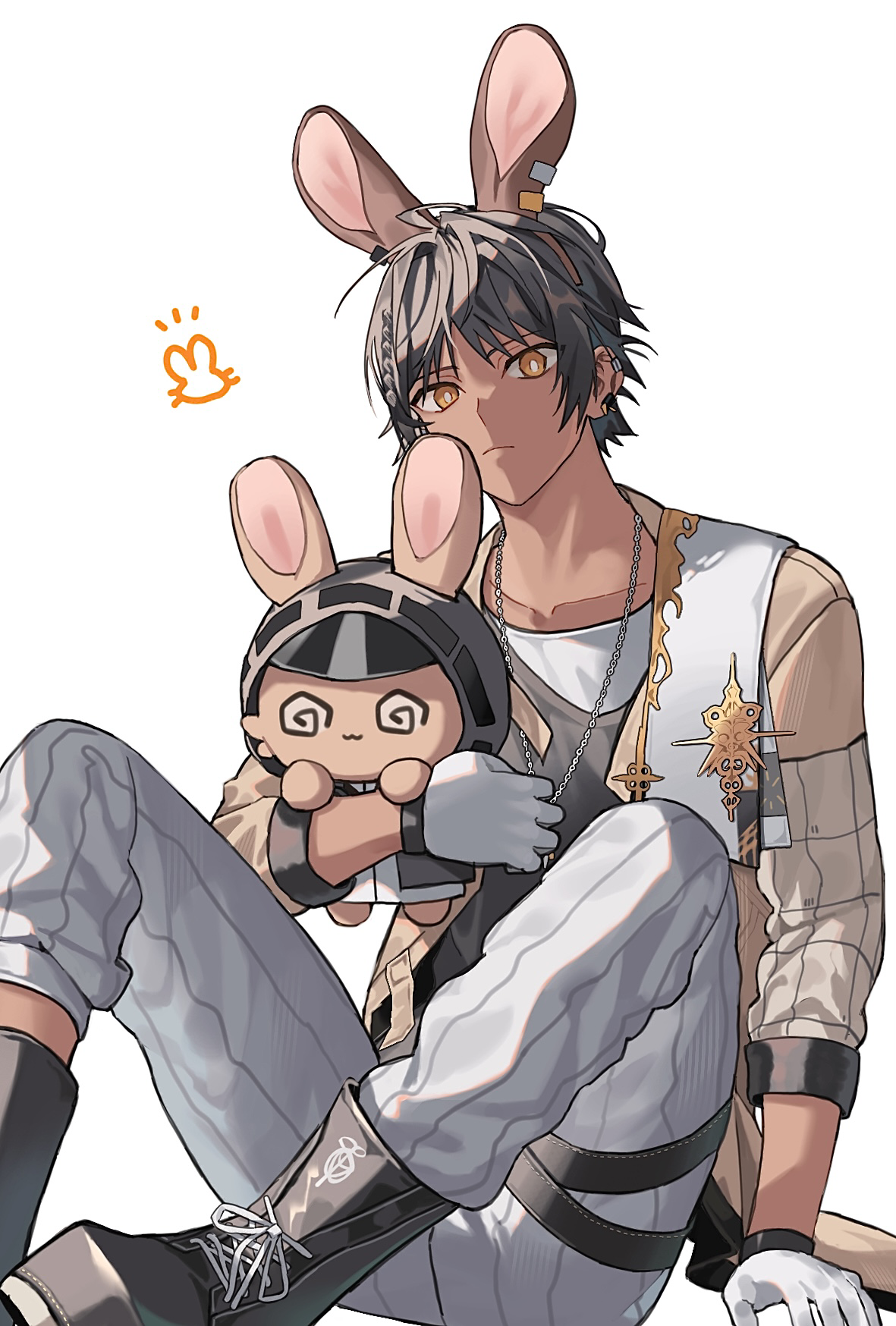 hishoti cheese, thorns (arknights), arknights, commentary request, highres, 1boy, @ @, animal ears, bishounen, black boots, black hair, black shirt, boots, bright pupils, brown jacket, closed mouth, dark-skinned male, dark skin, ear piercing, earclip, fake animal ears, gloves, holding, holding stuffed toy, jacket, jewelry, lace-up boots, long sleeves, looking at viewer, male focus, necklace, open clothes, open jacket, orange eyes, pants, piercing, rabbit ears, shirt, short hair, simple background, sitting, solo, stuffed animal, stuffed rabbit, stuffed toy, white background, white gloves, white pants, white pupils, white shirt, yellow eyes