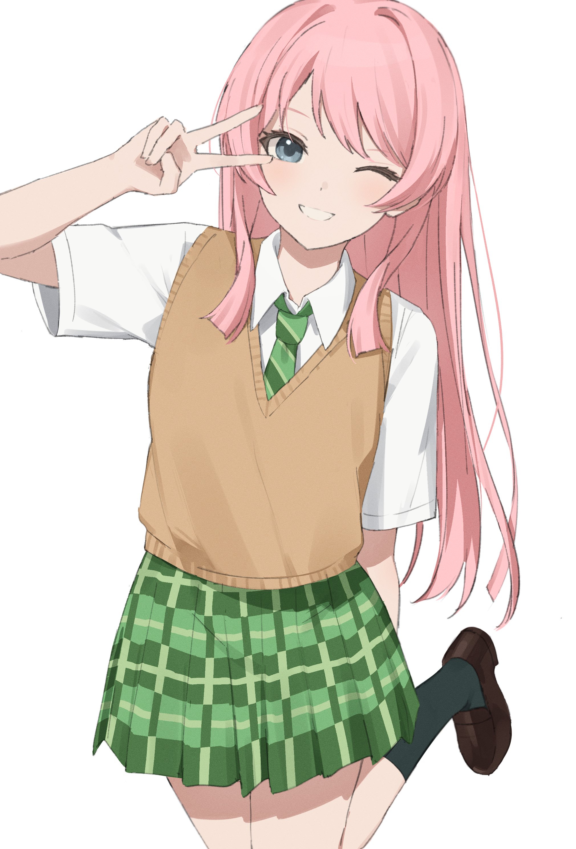 merlin (mer71n), chihaya anon, bang dream!, bang dream! it's mygo!!!!!, absurdres, hashtag-only commentary, highres, 1girl, blue eyes, brown sweater, green necktie, green skirt, haneoka school uniform, long hair, necktie, one eye closed, pink hair, school uniform, shirt, simple background, skirt, smile, solo, standing, standing on one leg, sweater, teeth, v, white background, white shirt