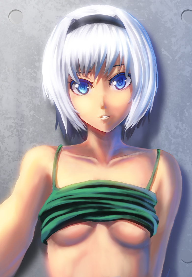bokuden, konpaku youmu, touhou, 1girl, alternate costume, bare shoulders, bloom, blue eyes, bob cut, breasts, clothes lift, collarbone, colored eyelashes, dark-skinned female, dark skin, eyelashes, female focus, hairband, lips, shirt lift, short hair, solo, staring, tank top, underboob, white hair