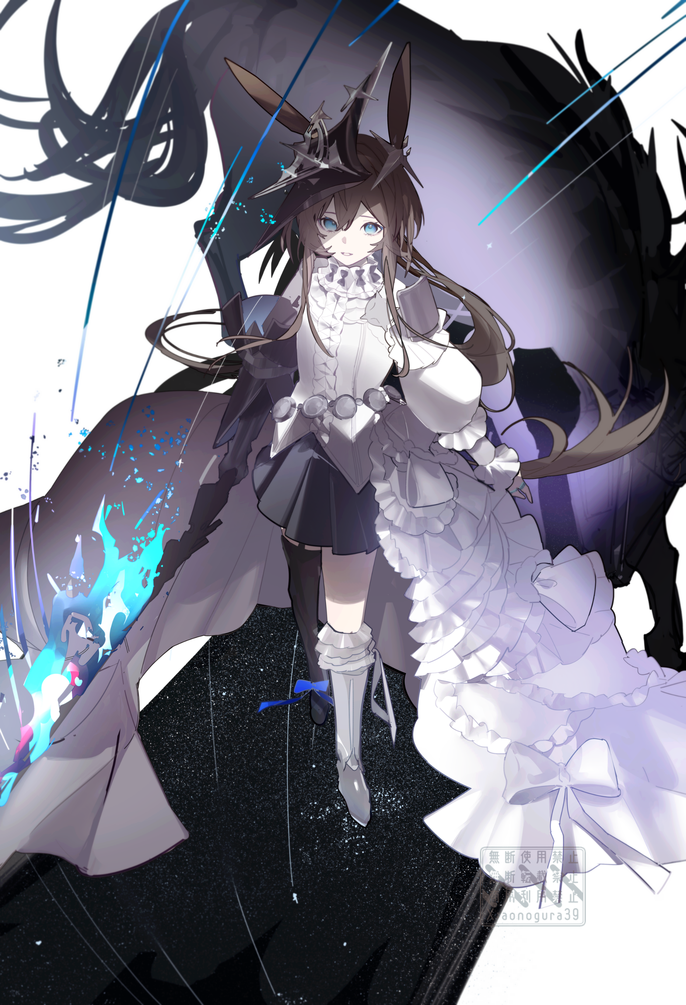 aonogura, amiya (arknights), amiya (guard) (arknights), amiya (guard) (in a myriad of universes) (arknights), arknights, absurdres, commentary request, highres, 1girl, animal ears, armor, armored dress, asymmetrical legwear, black skirt, blue eyes, boots, brown hair, dress, fire, flaming sword, flaming weapon, footwear ribbon, frilled dress, frills, full body, gauntlets, hair between eyes, helmet, holding, holding sword, holding weapon, jewelry, knee boots, long dress, long hair, long sidelocks, looking at viewer, mismatched legwear, multiple rings, official alternate costume, overskirt, parted lips, pauldrons, rabbit ears, rabbit girl, ribbon, ring, shoulder armor, sidelocks, simple background, single gauntlet, skirt, solo, standing, sword, weapon, white boots, white dress, white ribbon, white skirt