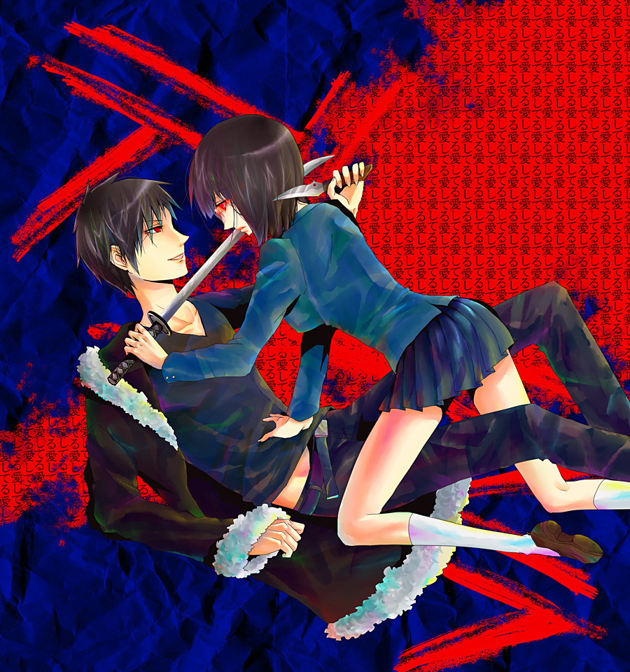 iridori mare, orihara izaya, sonohara anri, durarara!!, bad id, bad pixiv id, belt, black hair, bob cut, coat, glasses, glowing, glowing eyes, knife, pleated skirt, red eyes, school uniform, short hair, skirt, sword, weapon