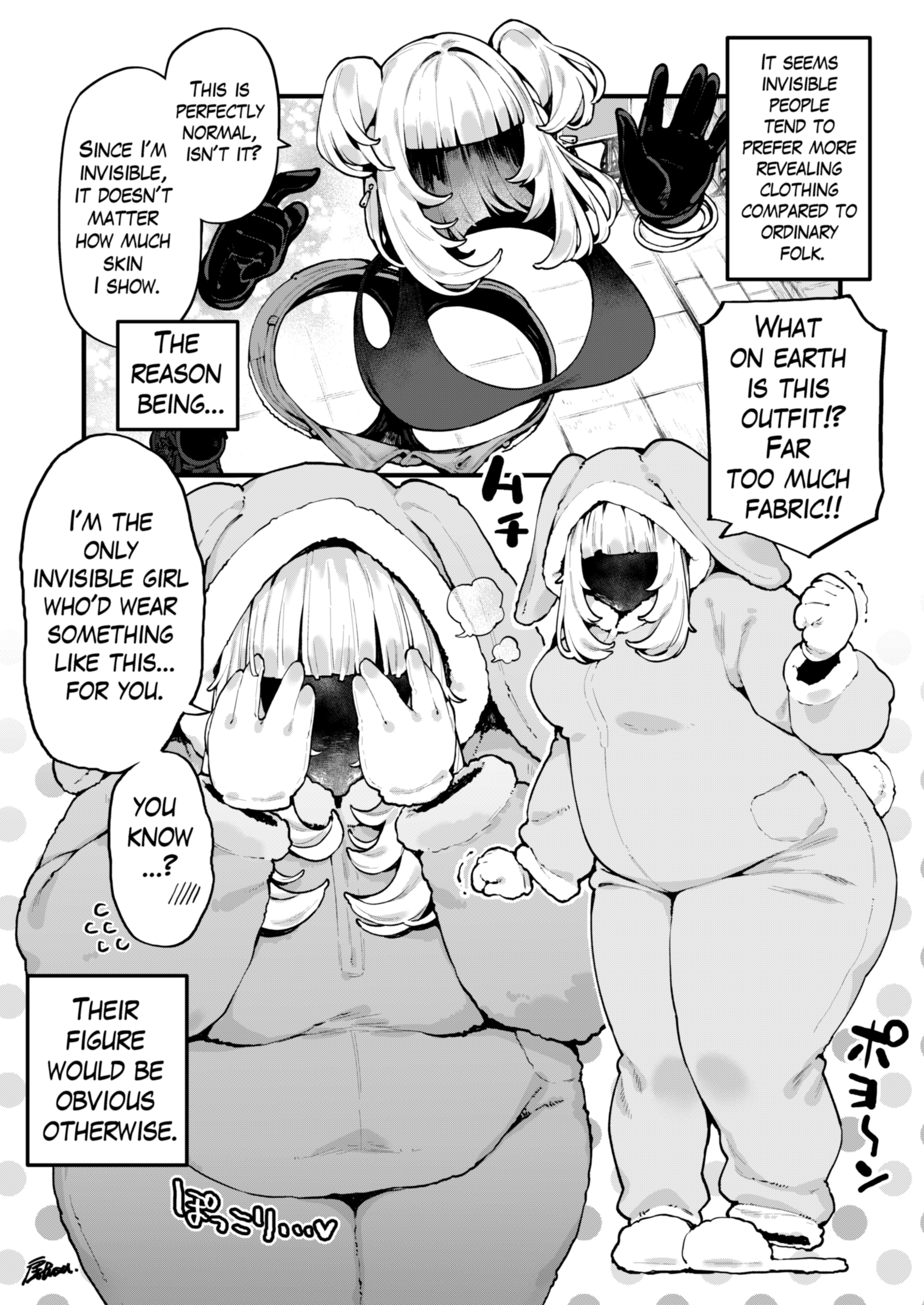 fusa (starless2323), original, absurdres, commentary request, highres, !?, …, 1girl, animal ears, bangle, black gloves, blunt bangs, bracelet, breasts, cosplay, earrings, english text, fake animal ears, fake tail, fat, full body, gloves, greyscale, invisible, jewelry, kigurumi, large breasts, leaning forward, long hair, long sleeves, monochrome, multiple views, pocket, polka dot, polka dot background, short shorts, shorts, signature, slippers, speech bubble, spoken blush, spoken interrobang, standing, tail, talking, thick thighs, thighs, two side up