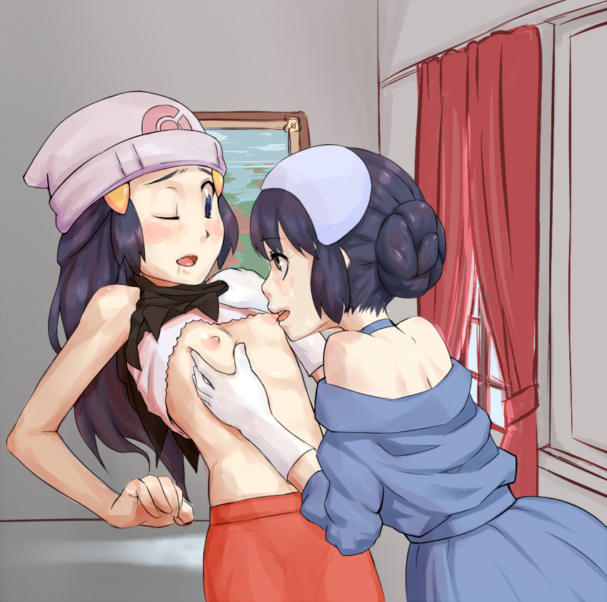 nyonn24, dawn (pokemon), salvia (pokemon), nintendo, pokemon, pokemon (anime), pokemon dppt (anime), bad id, bad pixiv id, 2girls, beanie, blue eyes, blue hair, blush, braid, breast sucking, breasts, clothes lift, gloves, grabbing another's breast, groping, hat, multiple girls, nipples, one eye closed, shirt lift, small breasts, wink, yuri