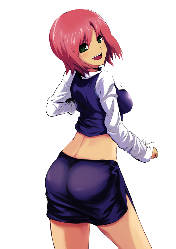 gakkun, rio rollins, super blackjack, bad id, bad pixiv id, 1girl, back, croupier, female focus, green eyes, midriff, pencil skirt, pink hair, skirt, solo
