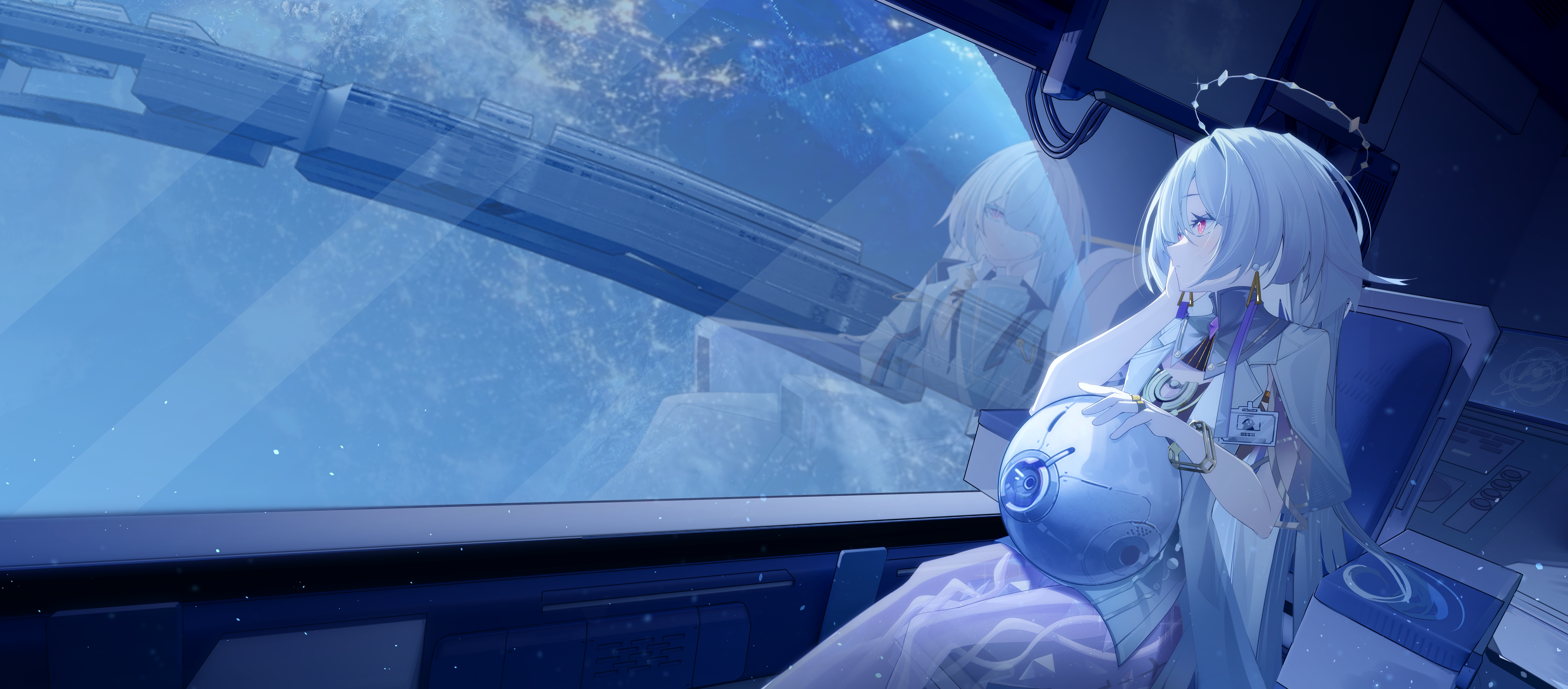 erqi erqi kuaiqu huatu, mornye (wuthering waves), wuthering waves, absurdres, chinese commentary, commentary request, highres, partial commentary, 1girl, different reflection, earrings, grey hair, halo, hand on own face, id card, jacket, jewelry, long hair, looking outside, planet, red eyes, reflection, see-through body, sitting, solo, triangle earrings, white jacket