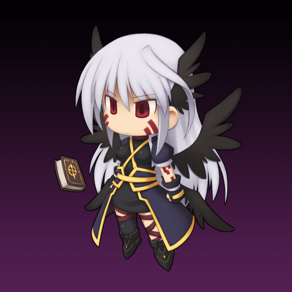 reinforce, tome of the night sky, lyrical nanoha, mahou shoujo lyrical nanoha, mahou shoujo lyrical nanoha a's, silver hair, 1girl, arm belt, asymmetrical clothes, asymmetrical legwear, book, chibi, facial mark, female focus, fingerless gloves, gloves, jacket, leg belt, magical girl, multiple wings, open clothes, open jacket, red eyes, single thighhigh, solo, thighhighs, uneven legwear, waist cape, winged hair ornament, wings