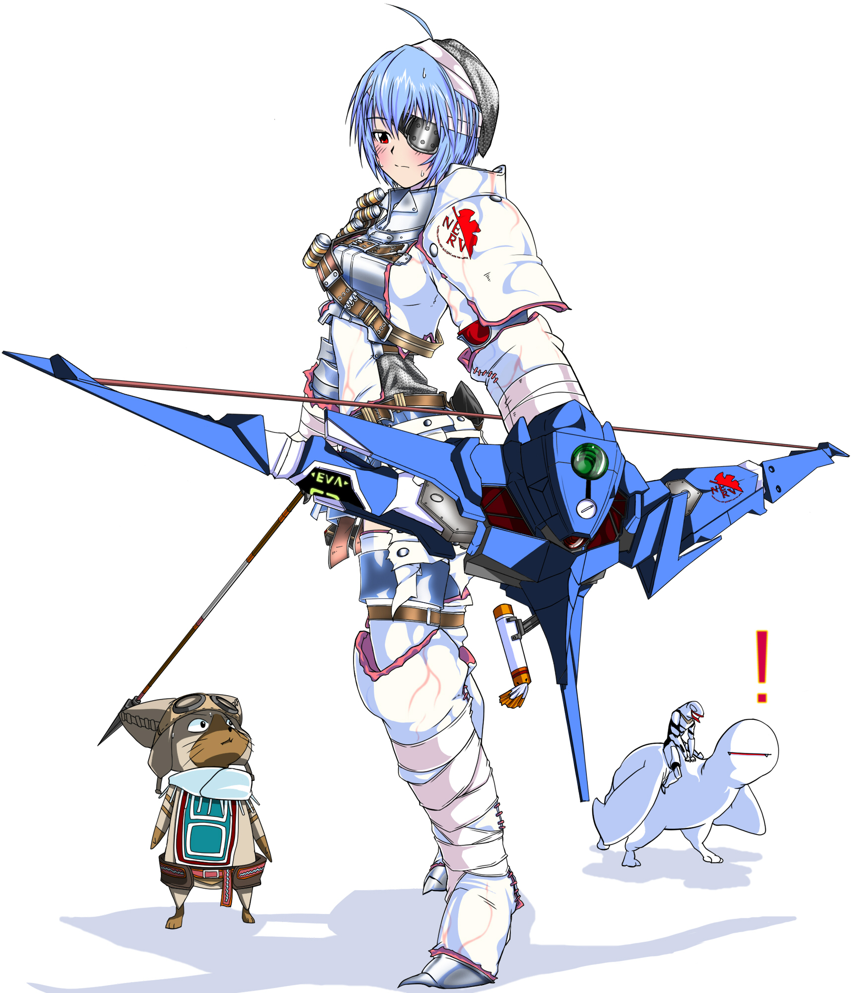 miitoban, ayanami rei, eva 00, eva 02, felyne, khezu, mass production eva, capcom, monster hunter (series), neon genesis evangelion, highres, !, 1girl, armor, arrow (projectile), bandages, belt, blue hair, blush, bow (weapon), cat, crossover, eyepatch, khezu (armor), monster, nerv, red eyes, simple background, weapon