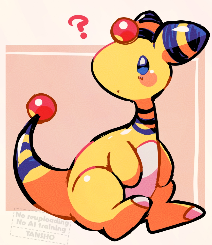 tansho, ampharos, nintendo, pokemon, commentary request, ?, blush, forehead jewel, full body, gen 2 pokemon, no humans, pokemon (creature), pokemon focus, sitting, solo, tail