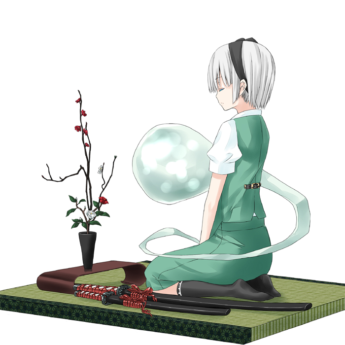 nabeshima tetsuhiro, konpaku youmu, konpaku youmu (ghost), touhou, silver hair, 1girl, black socks, closed eyes, female focus, flower, ghost, hairband, isometric, katana, kneehighs, seiza, sheath, sheathed, short hair, simple background, sitting, socks, solo, sword, tatami, weapon