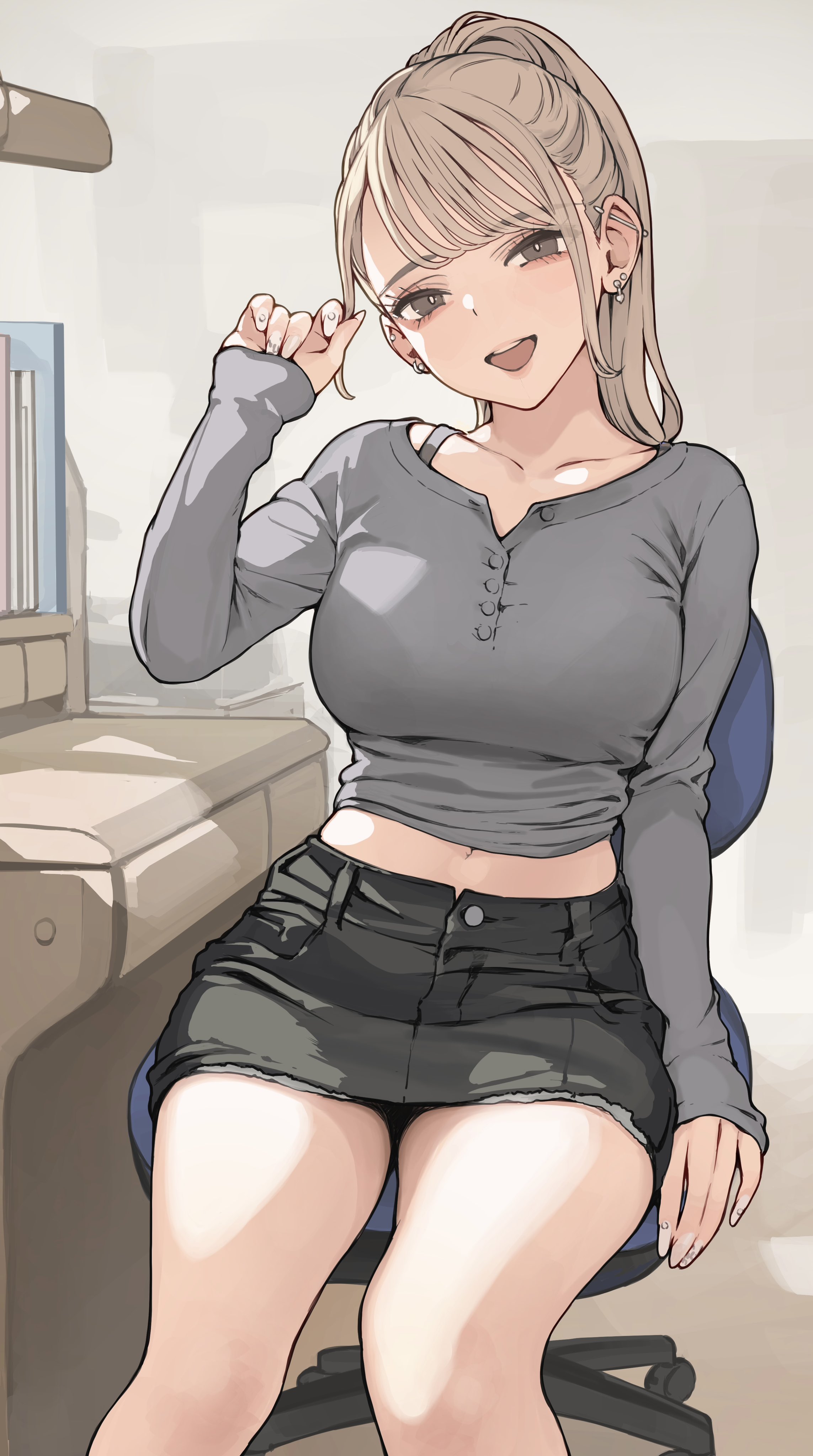 koh (minagi kou), original, absurdres, commentary request, highres, 1girl, black skirt, blonde hair, blush, bra strap, breasts, brown eyes, chair, collarbone, desk, earrings, grey shirt, jewelry, large breasts, long hair, long sleeves, looking at viewer, midriff, navel, on chair, open mouth, ponytail, shirt, sitting, skirt, smile, solo, swivel chair