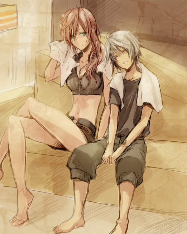 maka (morphine), hope estheim, lightning farron, final fantasy, final fantasy xiii, 10s, 1boy, 1girl, barefoot, casual, couch, couple, crossed legs, green eyes, height difference, hetero, long hair, midriff, navel, pink hair, sitting, sketch, sleeping, sleeping upright