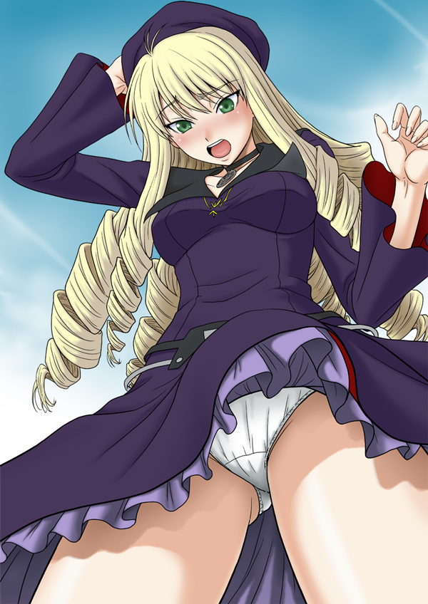 misnon the great, adilisia lenn mathers, rental magica, 00s, 1girl, :o, amulet, blonde hair, blush, choker, day, dress, drill hair, embarrassed, female focus, from below, green eyes, hat, holding, holding unworn clothes, holding unworn hat, long hair, long sleeves, open mouth, panties, pantyshot, petticoat, sky, solo, standing, tsurime, underwear, unworn hat, unworn headwear, wind, wind lift