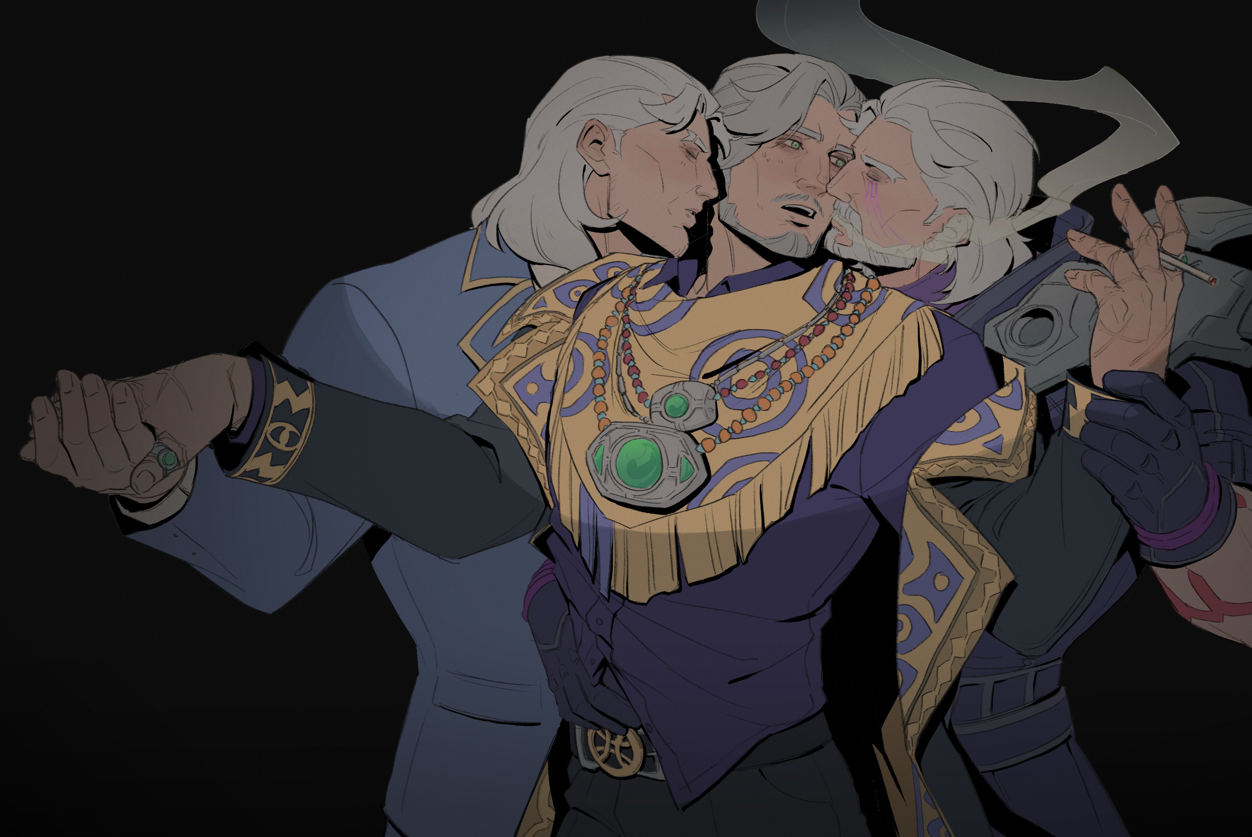 doctor strange, magneto, doctor strange (series), marvel, marvel rivals, x-men, absurdres, commentary, english commentary, highres, 3boys, bags under eyes, beard, belt, belt buckle, black background, black belt, black coat, black pants, blue jacket, buckle, cheekbones, cigarette, coat, doctor strange (bleeker street strut), dual persona, facial hair, facial mark, fringe trim, gloves, gold trim, green eyes, grey facial hair, grey hair, hand on another's hip, holding, holding cigarette, holding hands, jacket, jewelry, magneto (temporal tyrant), male focus, mature male, multiple boys, muscular, muscular male, official alternate costume, open mouth, pants, purple gloves, purple shirt, ring, scarf, serpentbun, shirt, short hair, smoke, upper body, white facial hair, white hair, yaoi, yellow scarf