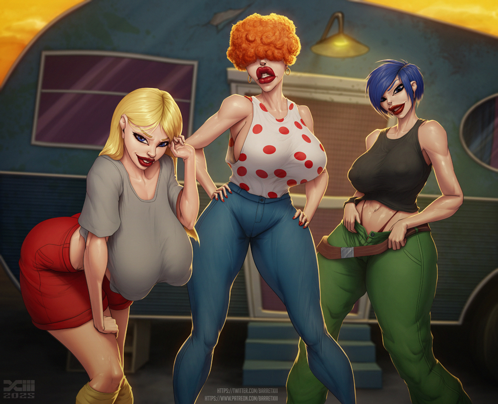 barretxiii, lee kanker, marie kanker, may kanker, ed edd n eddy, 3girls, black tank top, blonde hair, blue hair, blue pants, breasts, denim, green pants, grey shirt, hair over eyes, huge breasts, jeans, long hair, looking at viewer, multiple girls, orange hair, pants, polka dot, polka dot shirt, red shorts, shirt, short hair, shorts, sleeveless, sleeveless shirt, tank top, trailer, white shirt