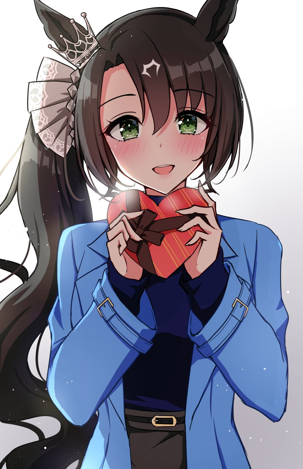 yukiya (shiya), satono crown (casual) (umamusume), satono crown (umamusume), umamusume, commentary request, highres, 1girl, animal ears, black hair, blue coat, blue jacket, blue sweater, blush, box, box of chocolates, casual, coat, ear through crown, green eyes, grey skirt, hair between eyes, heart-shaped box, holding, holding box, horse ears, horse girl, jacket, long hair, long sleeves, looking at viewer, multicolored hair, open mouth, shirt, side ponytail, skirt, smile, solo, streaked hair, sweater, white hair