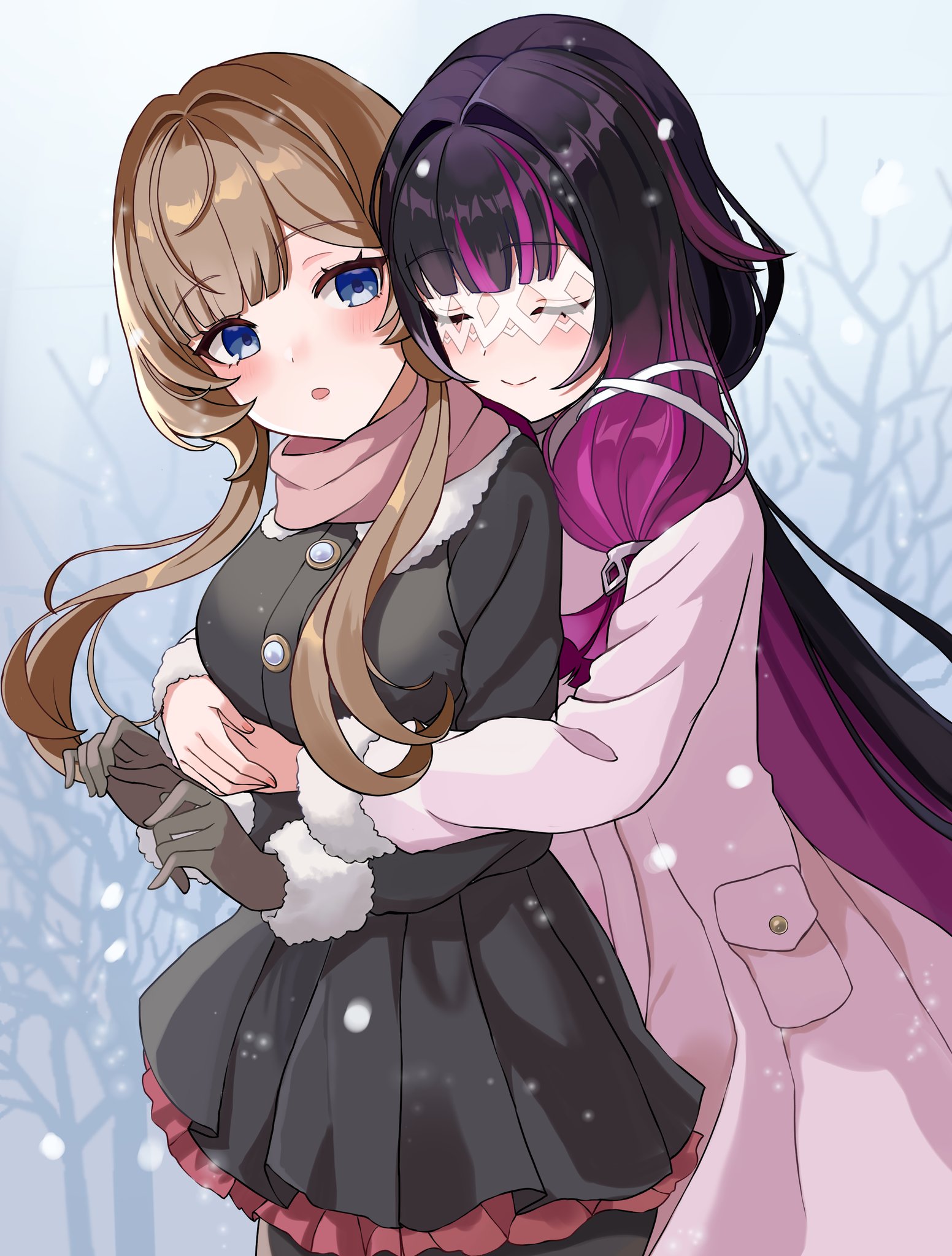 kima (jp4g6kfhb842057), columbina (genshin impact), sandrone (genshin impact), genshin impact, commentary request, highres, 2girls, alternate costume, black dress, black gloves, black hair, black pantyhose, blue eyes, brown hair, closed eyes, closed mouth, coat, dress, eye mask, gloves, hug, hug from behind, long sleeves, mask, multiple girls, outdoors, pantyhose, parted lips, purple hair, smile, winter clothes, winter coat