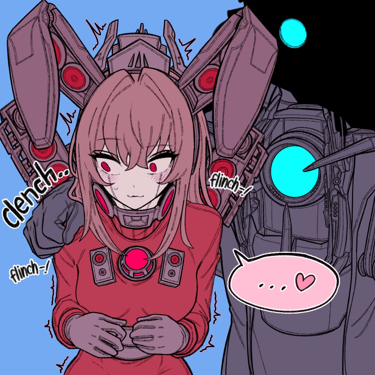 skibidi toilet (series), trampling, commentary, english commentary, highres, …, 1boy, 1girl, ber 0228, black gloves, blue background, blush, breasts, brown gloves, brown hair, camera, english text, genderswap, genderswap (mtf), gloves, hair between eyes, hair intakes, hand on another's shoulder, heart, humanization, long sleeves, looking at another, mechanical ears, medium breasts, red eyes, red sweater, simple background, sound effects, speaker, spoken ellipsis, spoken heart, standing, sweatdrop, sweater, titan camera man, titan speaker man