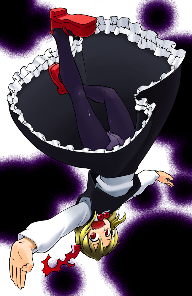 kagehito, rumia, embodiment of scarlet devil, touhou, 1girl, blonde hair, crotch seam, female focus, hair ribbon, latex, mary janes, outstretched arms, panties, panties under pantyhose, pantyhose, red eyes, ribbon, shoes, short hair, solo, spread arms, underwear