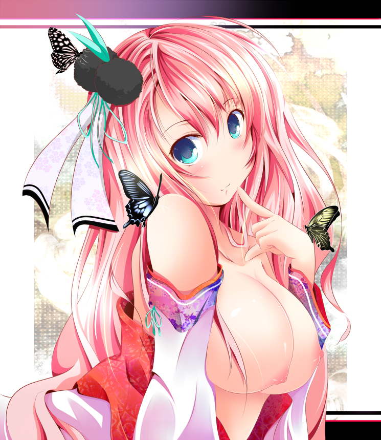 jimo, original, bad id, bad pixiv id, 1girl, :3, bare shoulders, blue eyes, blush, breasts, bug, butterfly, detached sleeves, female focus, finger to mouth, hair ornament, head tilt, insect, large breasts, leaning forward, long hair, looking at viewer, nipples, no nose, pink hair, solo, teasing