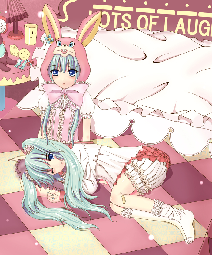 eibe, hatsune miku, hatsune miku (lollipop), lol -lots of laugh- (vocaloid), vocaloid, frilled legwear, lap, colorized, 2girls, animal hat, aqua eyes, aqua hair, bandaid, bed, blanket, bloomers, blue nails, bow, candy, checkered floor, cheese, clock, clone, food, frills, hat, kneehighs, lamp, lap pillow, large bow, lollipop, long hair, multiple girls, nail polish, one eye closed, perspective, pillow, skirt, smiley face, sock pull, socks, stuffed animal, stuffed toy, sweets, table, toe socks, twintails, underwear, wink
