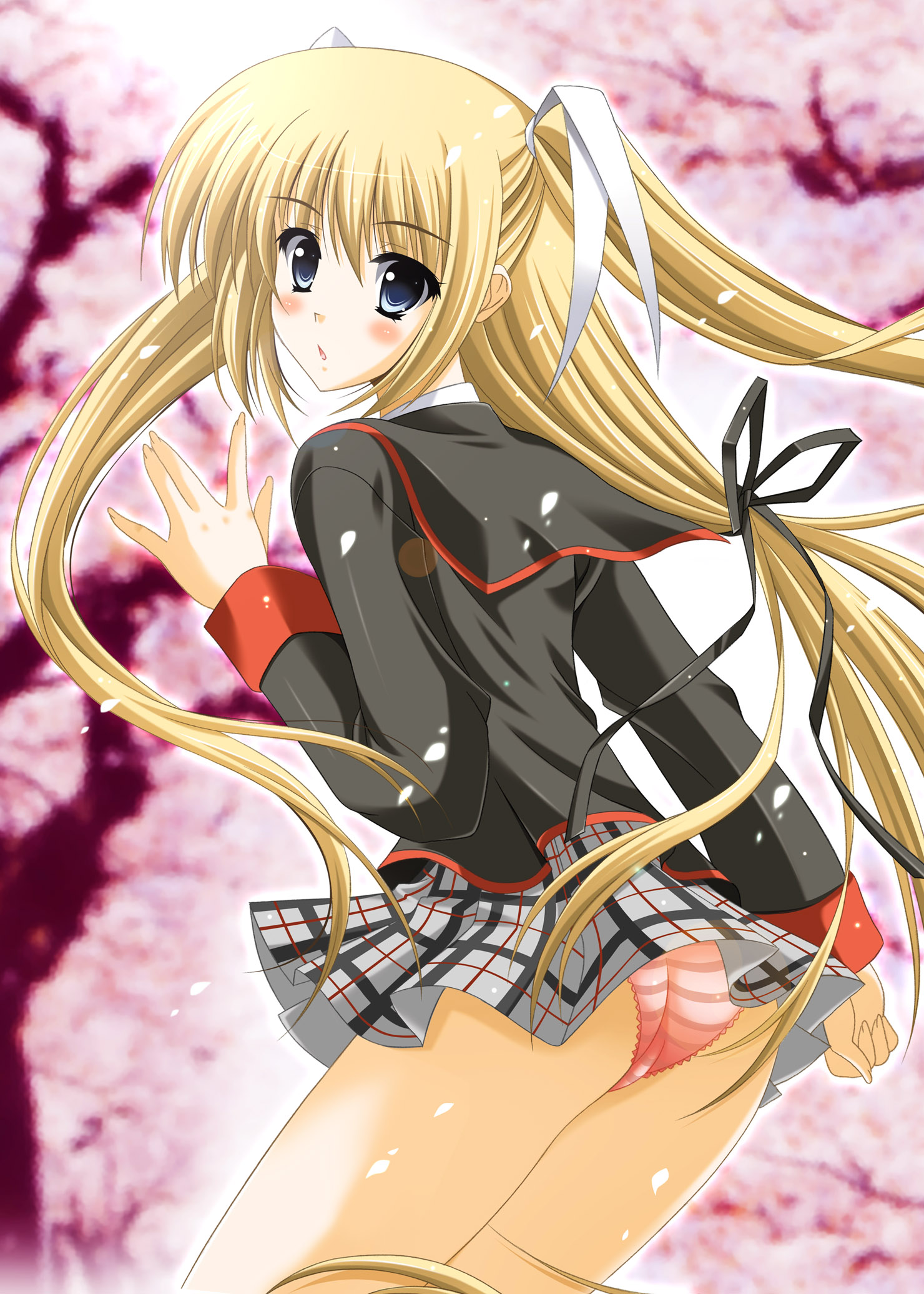 oda ken'ichi, sc, tokido saya, little busters!, highres, 1girl, ass, blonde hair, blush, blush stickers, female focus, long hair, panties, plaid clothes, plaid skirt, school uniform, skirt, solo, striped clothes, striped panties, underwear