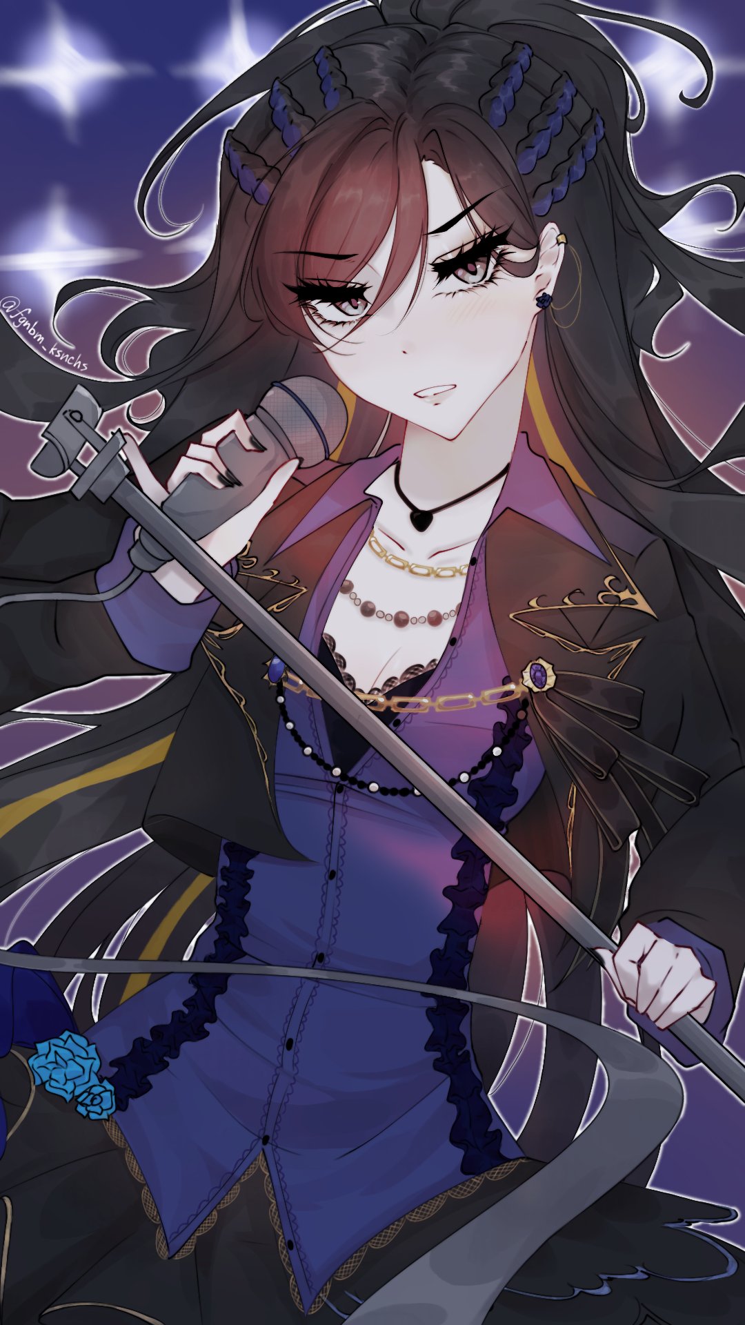 aoyagi tsubaki, d4dj, highres, 1girl, black hair, black jacket, black nails, black skirt, blue flower, blue hair, blue rose, blue shirt, braid, breasts, chain, chain necklace, cleavage, collar, collared shirt, colored tips, crown braid, ear piercing, earrings, fgnbm ksnchs, fingernails, flower, grey hair, holding, holding microphone, holding microphone stand, jacket, jewelry, long hair, long sleeves, looking at viewer, microphone, microphone stand, multicolored hair, multiple braids, nail polish, necklace, open clothes, piercing, ponytail, rose, shirt, signature, skirt, small breasts, solo, upper body